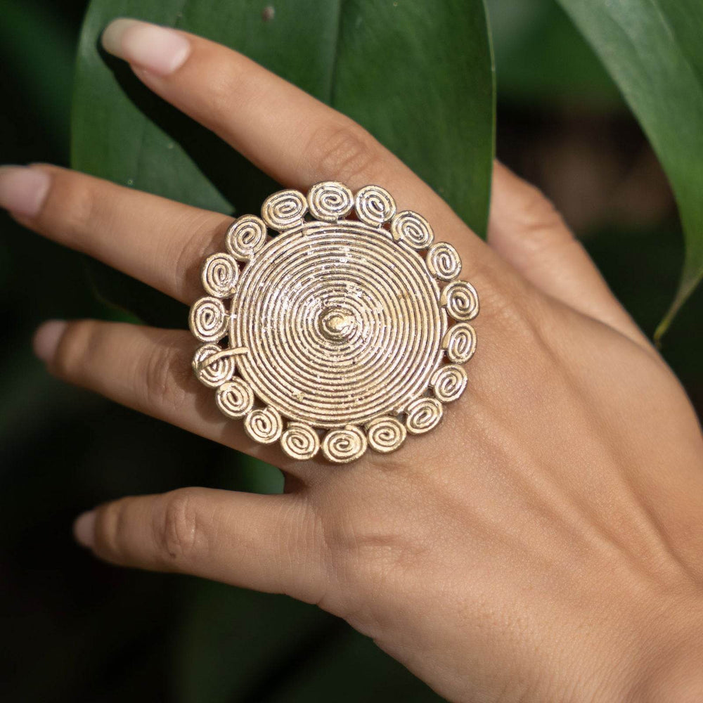 Handmade Circular Floral Dokra Brass Adjustable Finger Ring - Unique Durable Boho Jewelry - Lookandadorn.com
