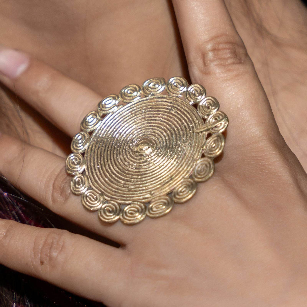 Handmade Circular Floral Dokra Brass Adjustable Finger Ring - Unique Durable Boho Jewelry - Lookandadorn.com