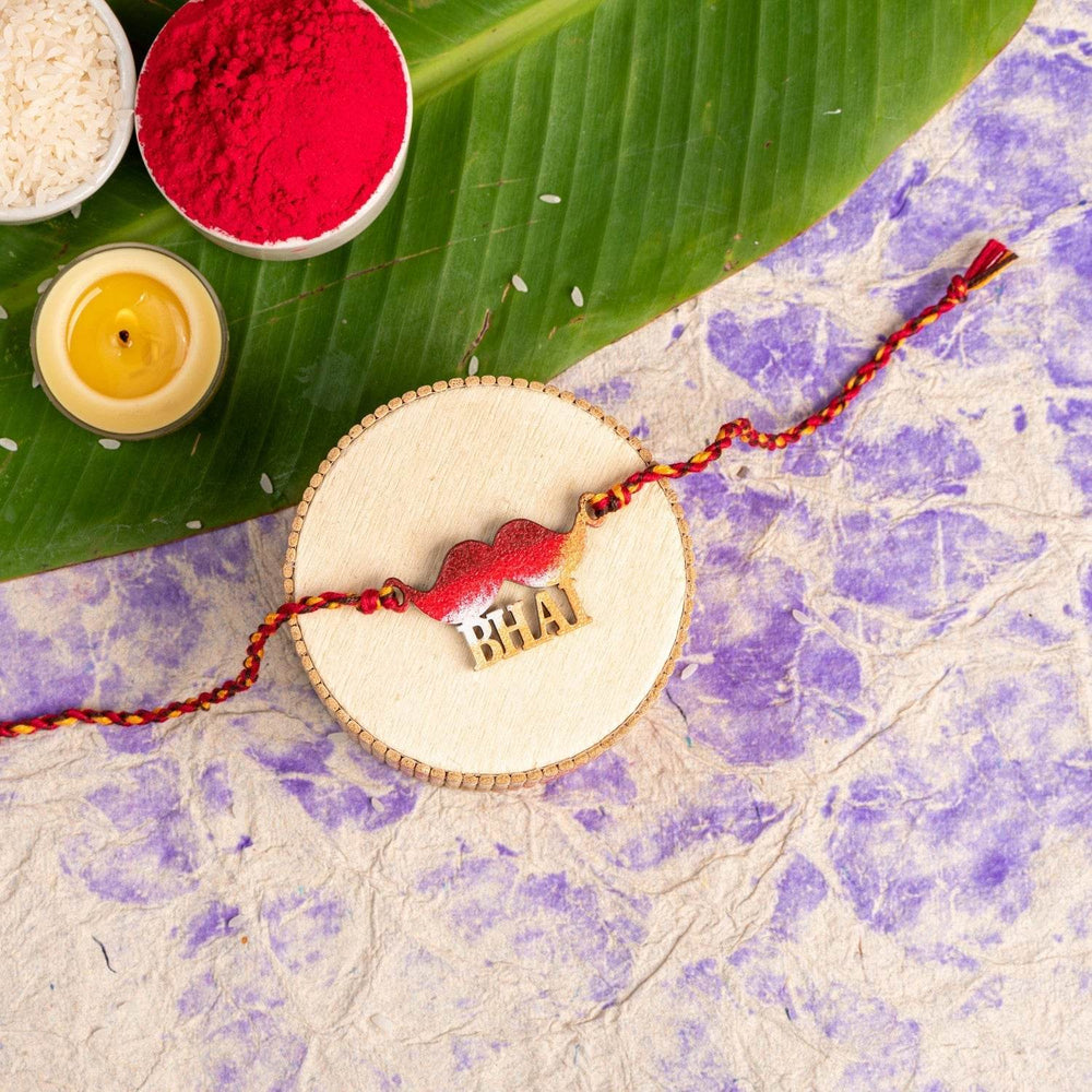 Handmade Designer Red Golden Moustache Bhai Rakhi with Roli Chawal Set for Raksha Bandhan - Lookandadorn.com