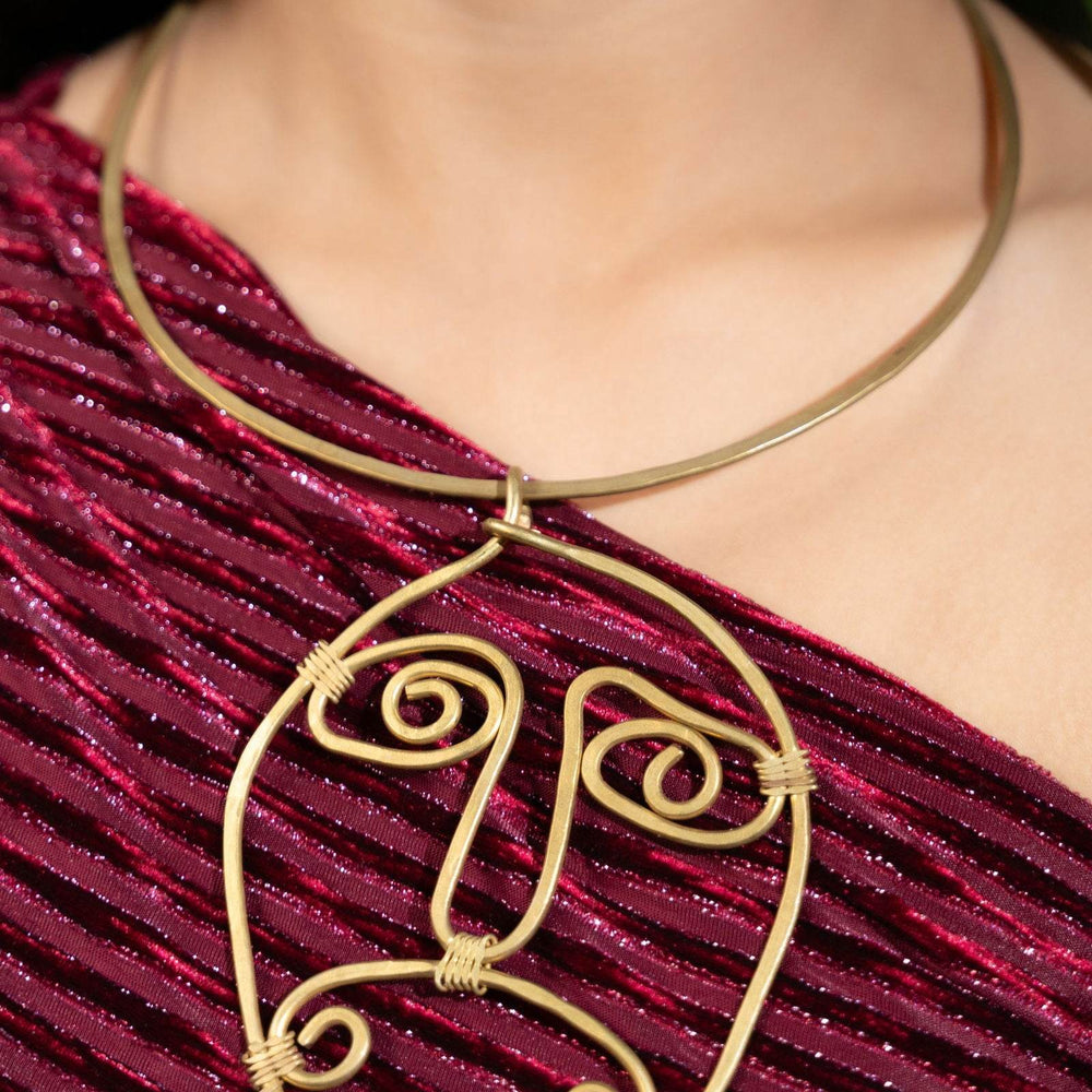 Handmade Dokra Brass Abstract Face Spiral Necklace - Unique Artistic Statement Jewelry - Lookandadorn.com