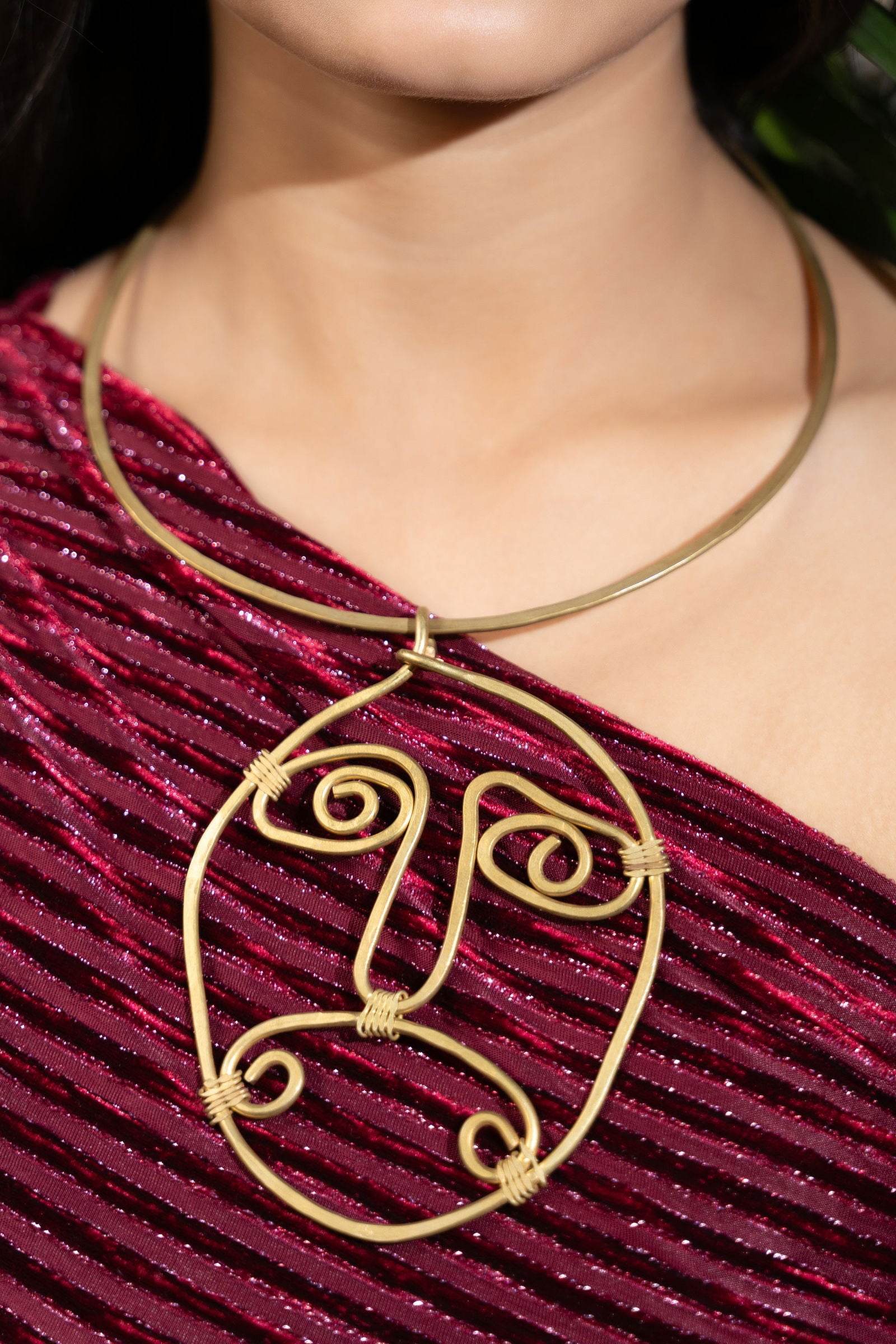 Handmade Dokra Brass Abstract Face Spiral Necklace - Unique Artistic Statement Jewelry - Lookandadorn.com