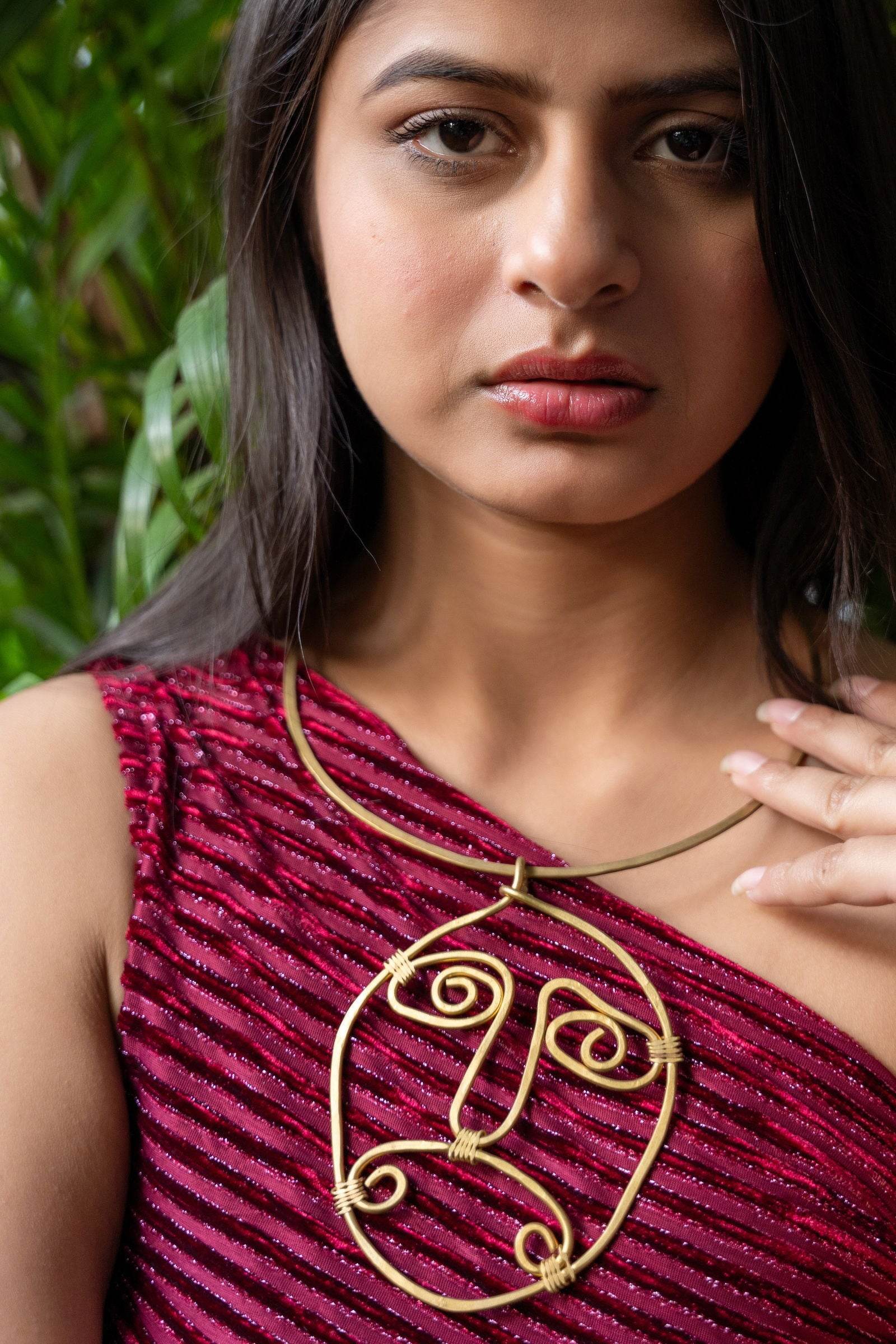 Handmade Dokra Brass Abstract Face Spiral Necklace - Unique Artistic Statement Jewelry - Lookandadorn.com