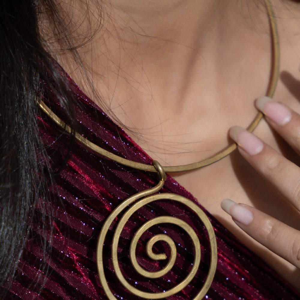 Handmade Dokra Brass Circular Spiral Hasli Necklace with Intricate Design for Ethnic and Western Styles - Lookandadorn.com