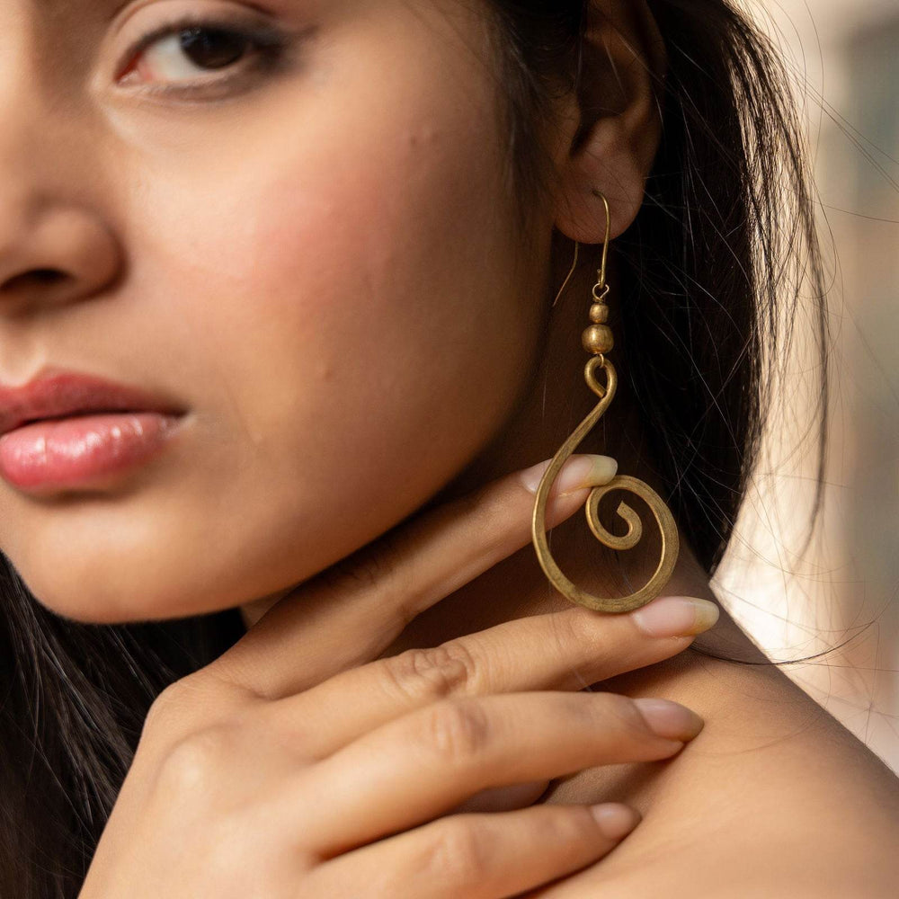 Handmade Dokra Brass Crescent Spiral Earrings - Unique Artistry with Intricate Design - Lookandadorn.com