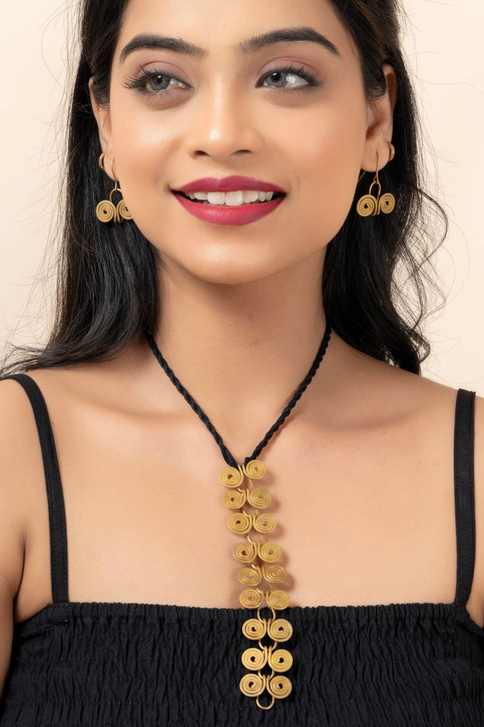 Handmade Dokra Brass Golden Round Spiral Necklace with & Earrings Jewelry Set for Women - Lookandadorn.com