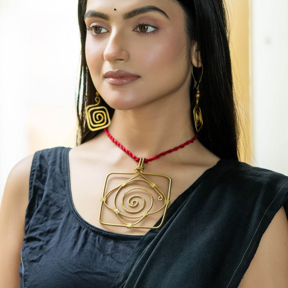 Handmade Dokra Brass Golden Square Necklace Set with Adjustable Red Dori & Earrings - Lookandadorn.com