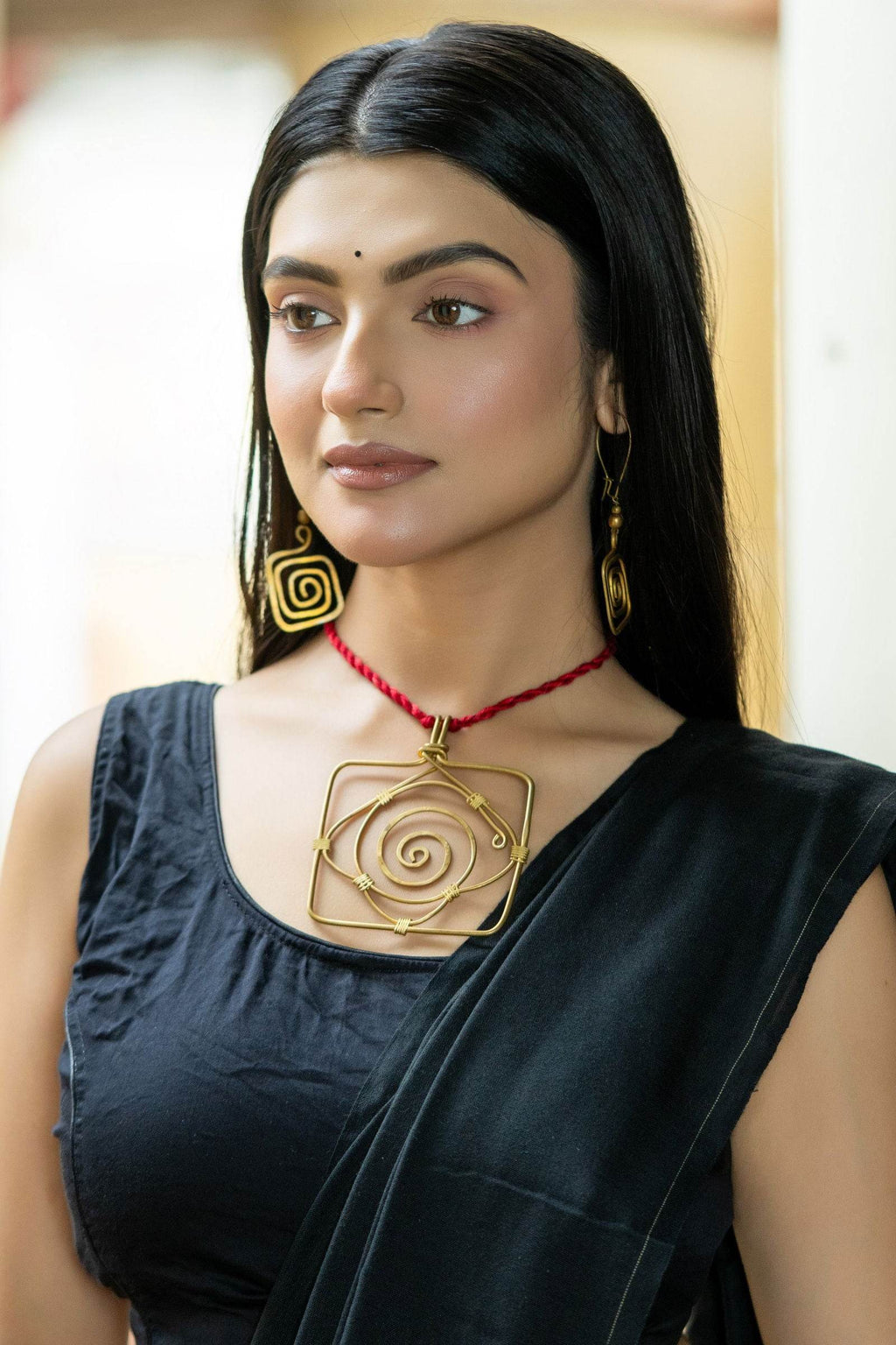 Handmade Dokra Brass Golden Square Necklace Set with Adjustable Red Dori & Earrings - Lookandadorn.com