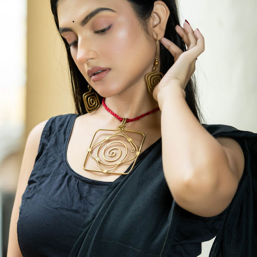 Handmade Dokra Brass Golden Square Necklace Set with Adjustable Red Dori & Earrings - Lookandadorn.com