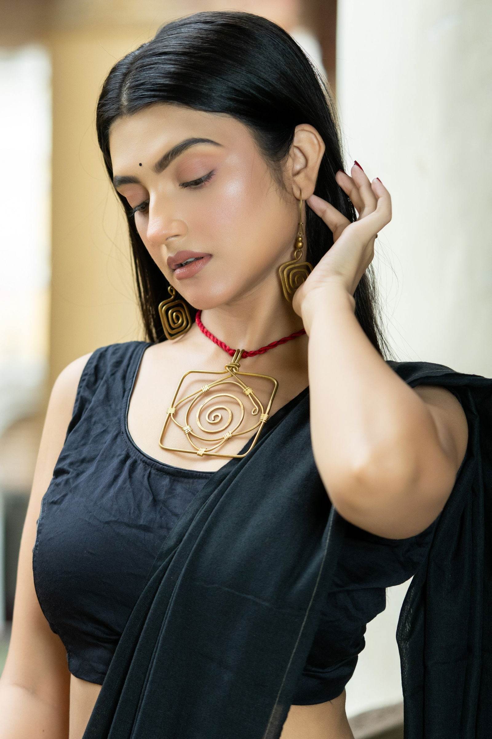 Handmade Dokra Brass Golden Square Necklace Set with Adjustable Red Dori & Earrings - Lookandadorn.com