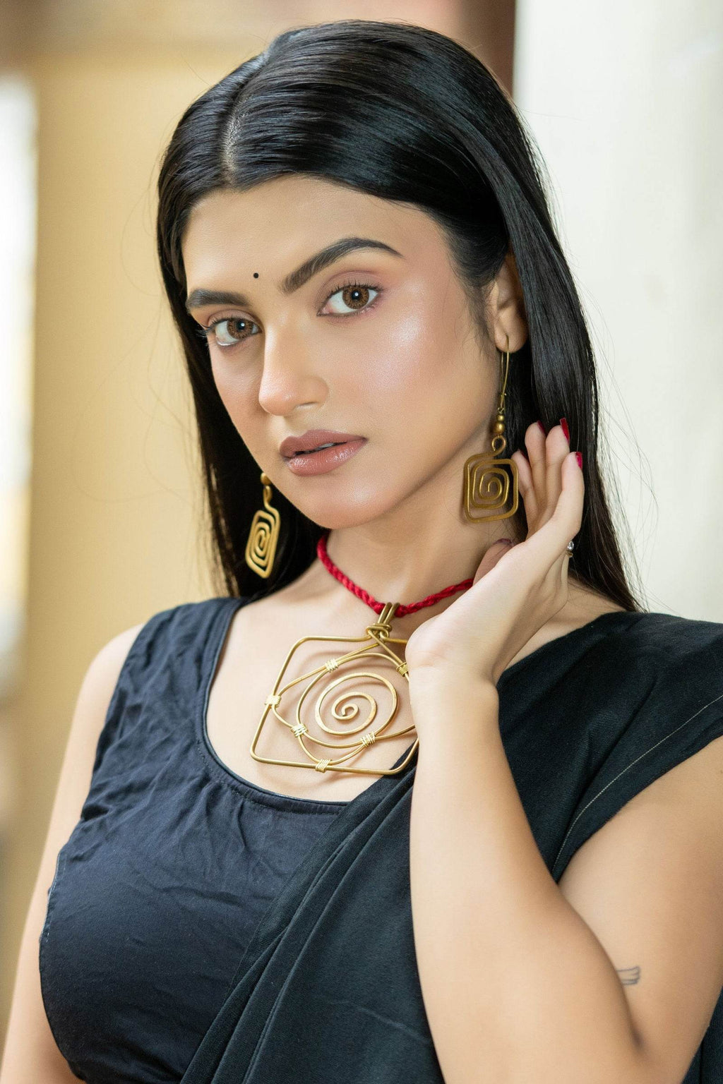 Handmade Dokra Brass Golden Square Necklace Set with Adjustable Red Dori & Earrings - Lookandadorn.com