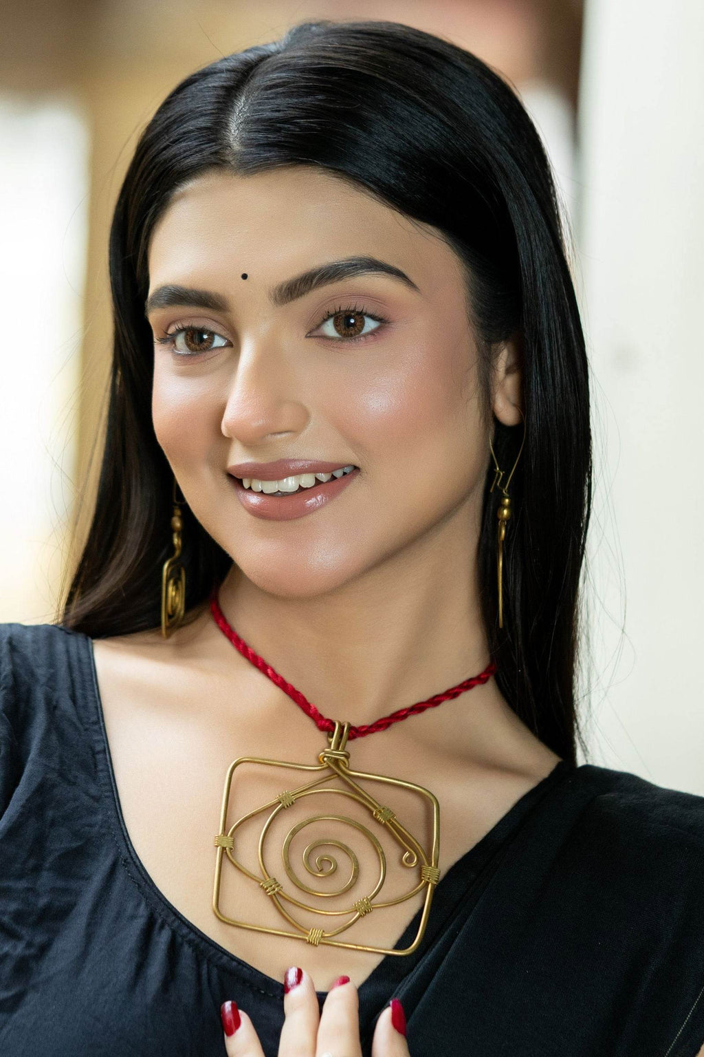 Handmade Dokra Brass Golden Square Necklace Set with Adjustable Red Dori & Earrings - Lookandadorn.com