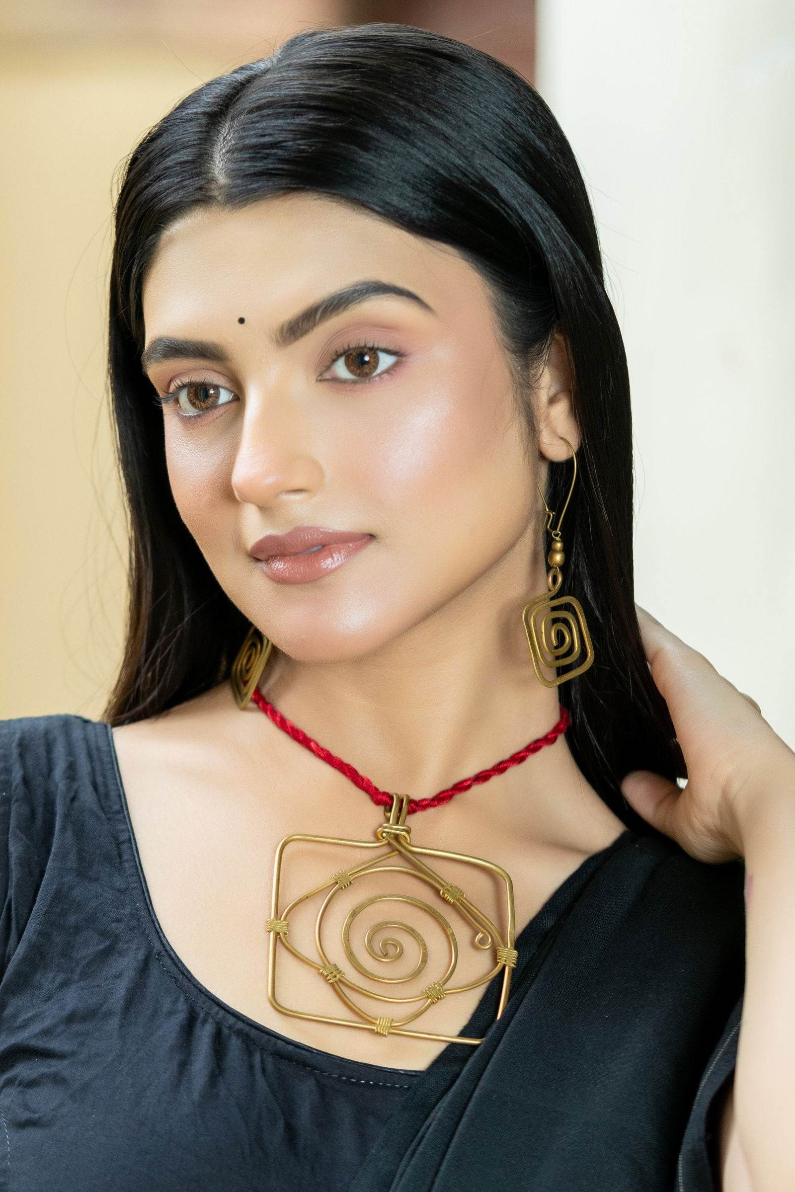 Handmade Dokra Brass Golden Square Necklace Set with Adjustable Red Dori & Earrings - Lookandadorn.com