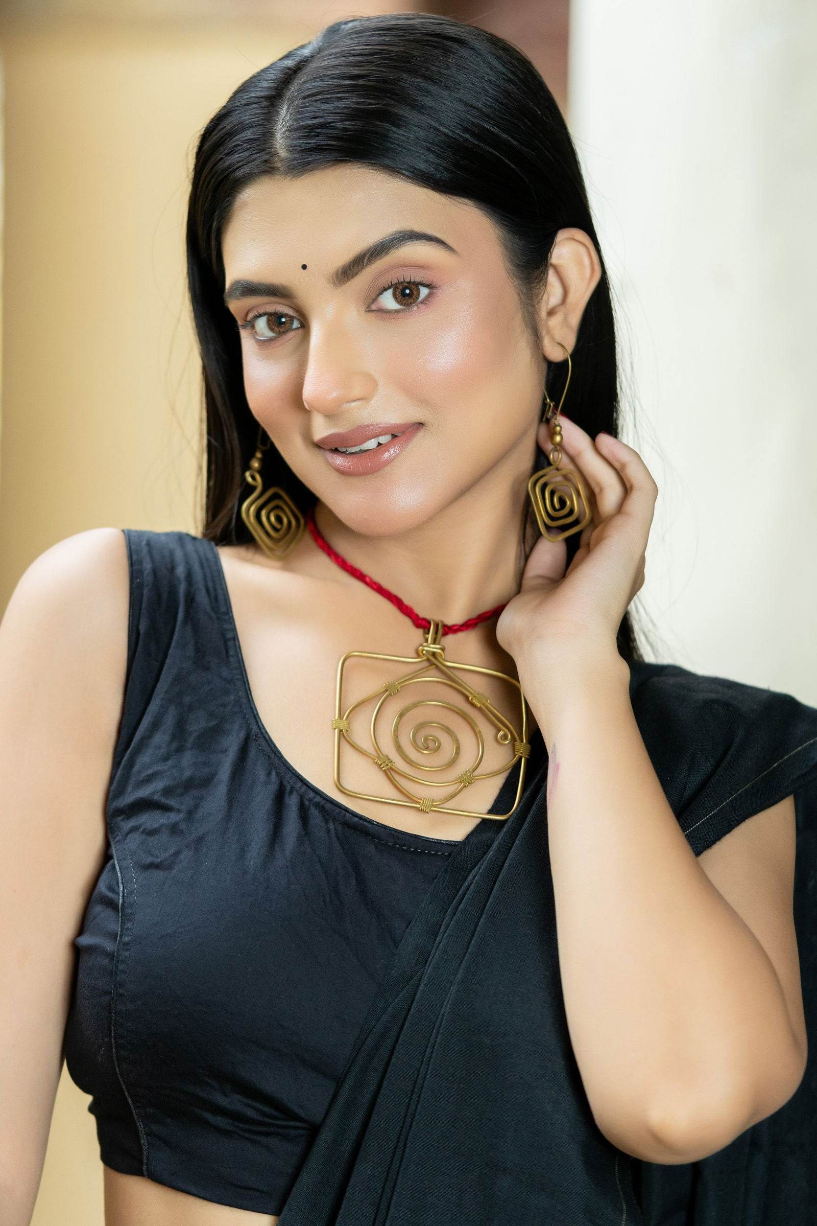 Handmade Dokra Brass Golden Square Necklace Set with Adjustable Red Dori & Earrings - Lookandadorn.com