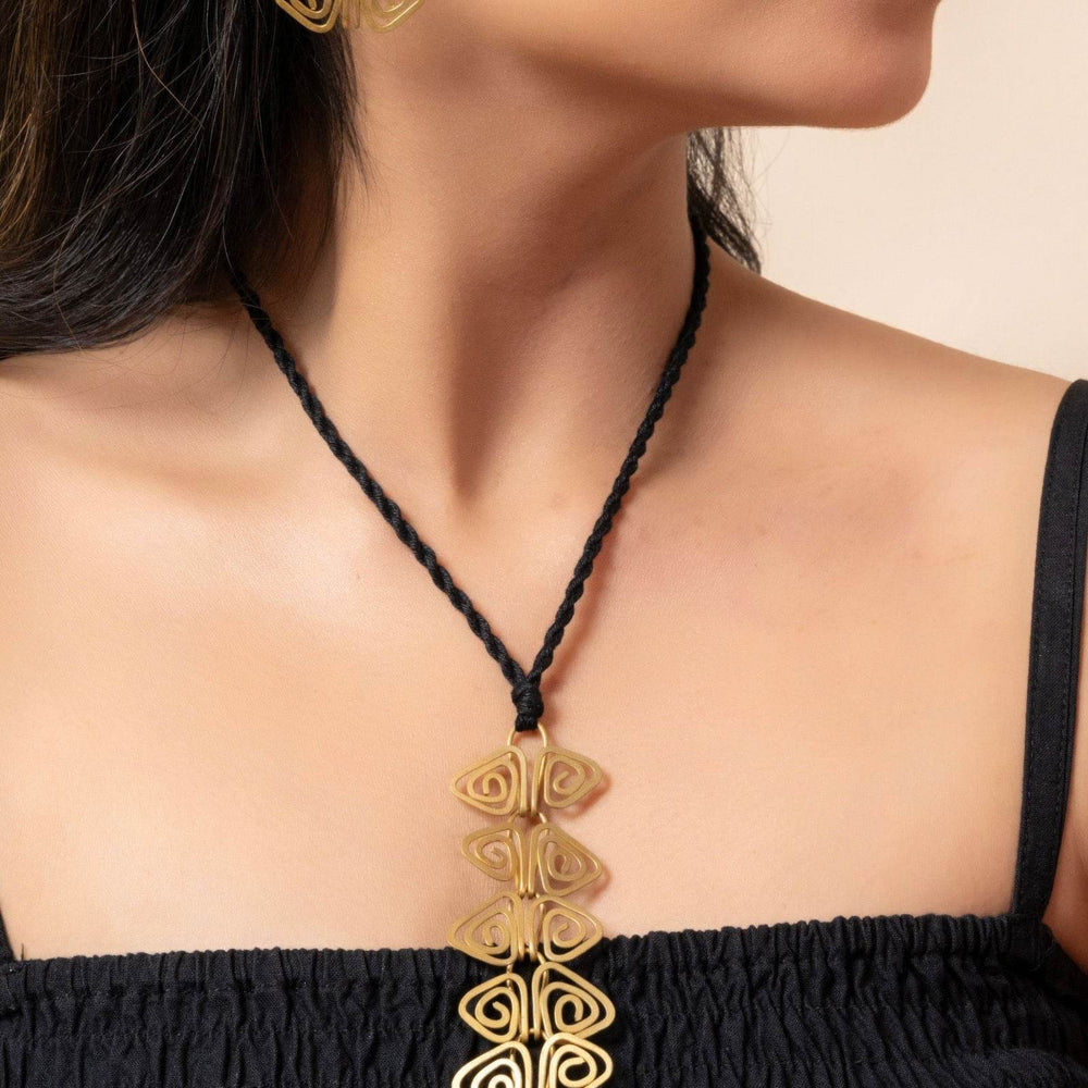 Handmade Dokra Brass Golden Triangular Spiral Necklace Set with Adjustable Black Dori & Earrings - Lookandadorn.com