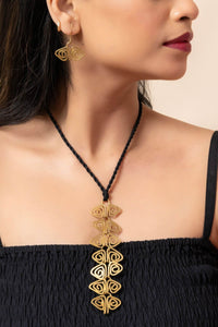 Handmade Dokra Brass Golden Triangular Spiral Necklace Set with Adjustable Black Dori & Earrings - Lookandadorn.com