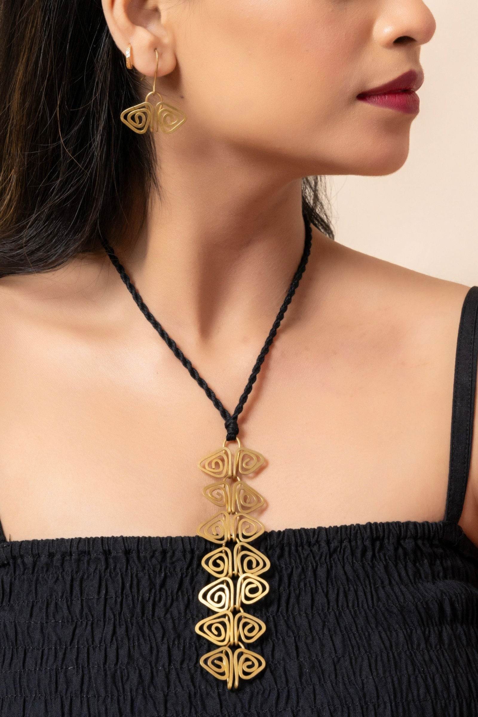 Handmade Dokra Brass Golden Triangular Spiral Necklace Set with Adjustable Black Dori & Earrings - Lookandadorn.com