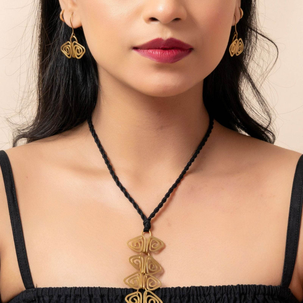 Handmade Dokra Brass Golden Triangular Spiral Necklace Set with Adjustable Black Dori & Earrings - Lookandadorn.com