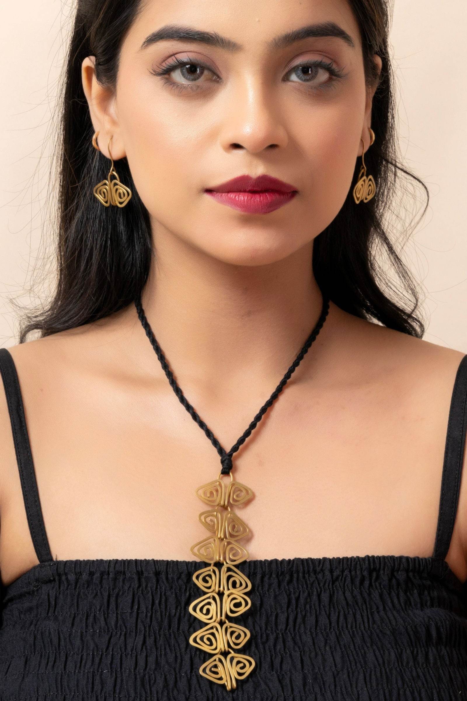 Handmade Dokra Brass Golden Triangular Spiral Necklace Set with Adjustable Black Dori & Earrings - Lookandadorn.com