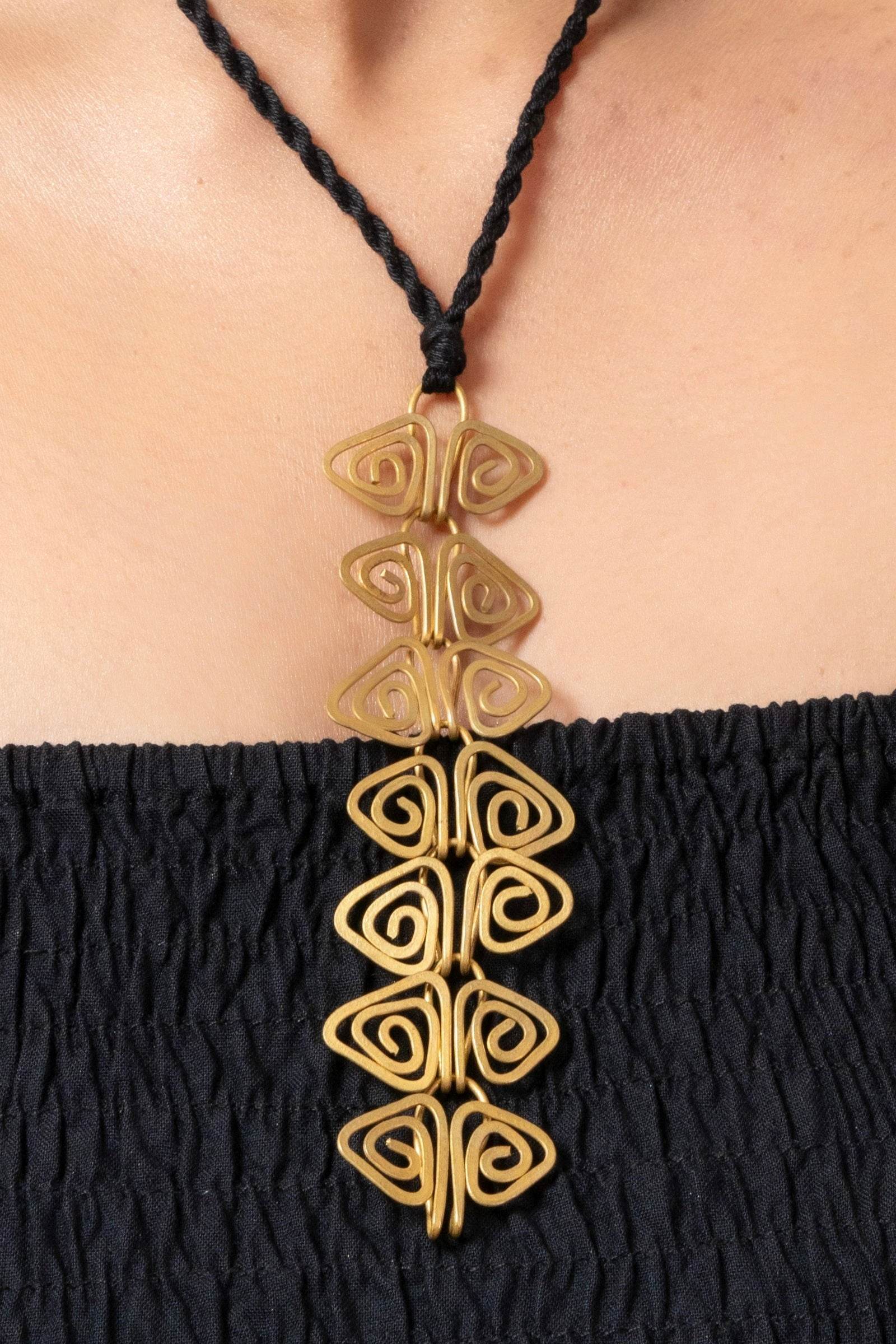 Handmade Dokra Brass Golden Triangular Spiral Necklace Set with Adjustable Black Dori & Earrings - Lookandadorn.com
