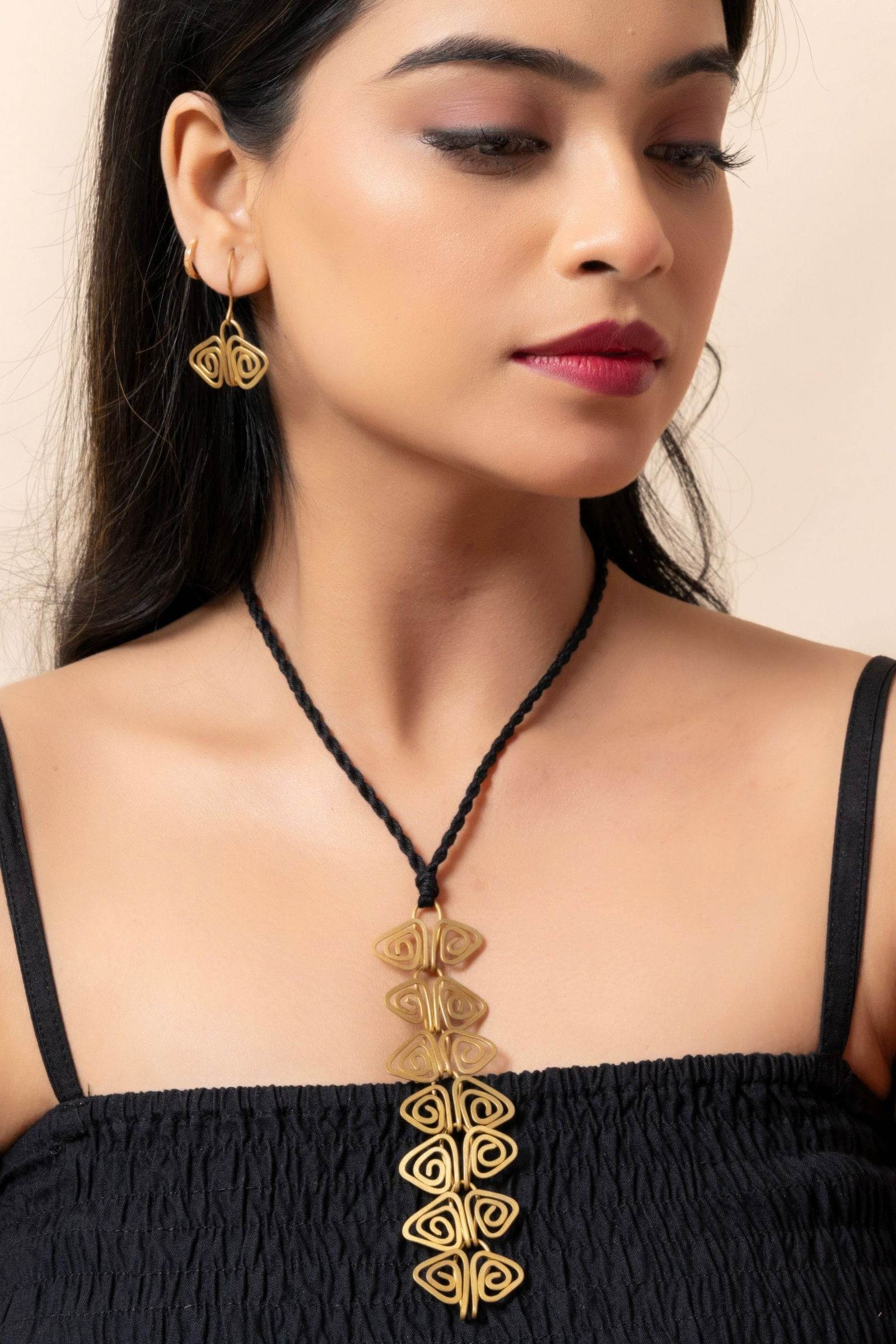 Handmade Dokra Brass Golden Triangular Spiral Necklace Set with Adjustable Black Dori & Earrings - Lookandadorn.com