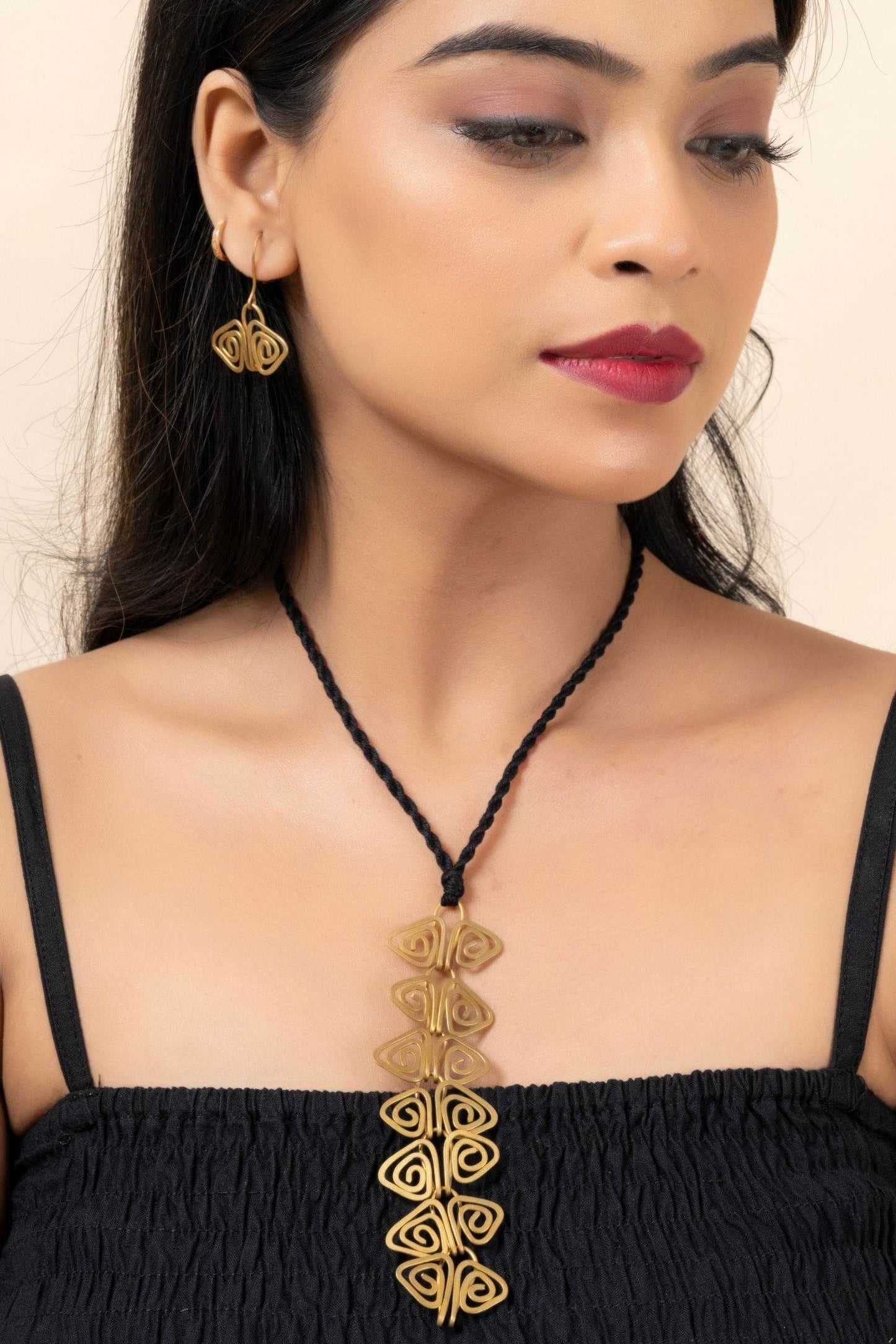 Handmade Dokra Brass Golden Triangular Spiral Necklace Set with Adjustable Black Dori & Earrings - Lookandadorn.com