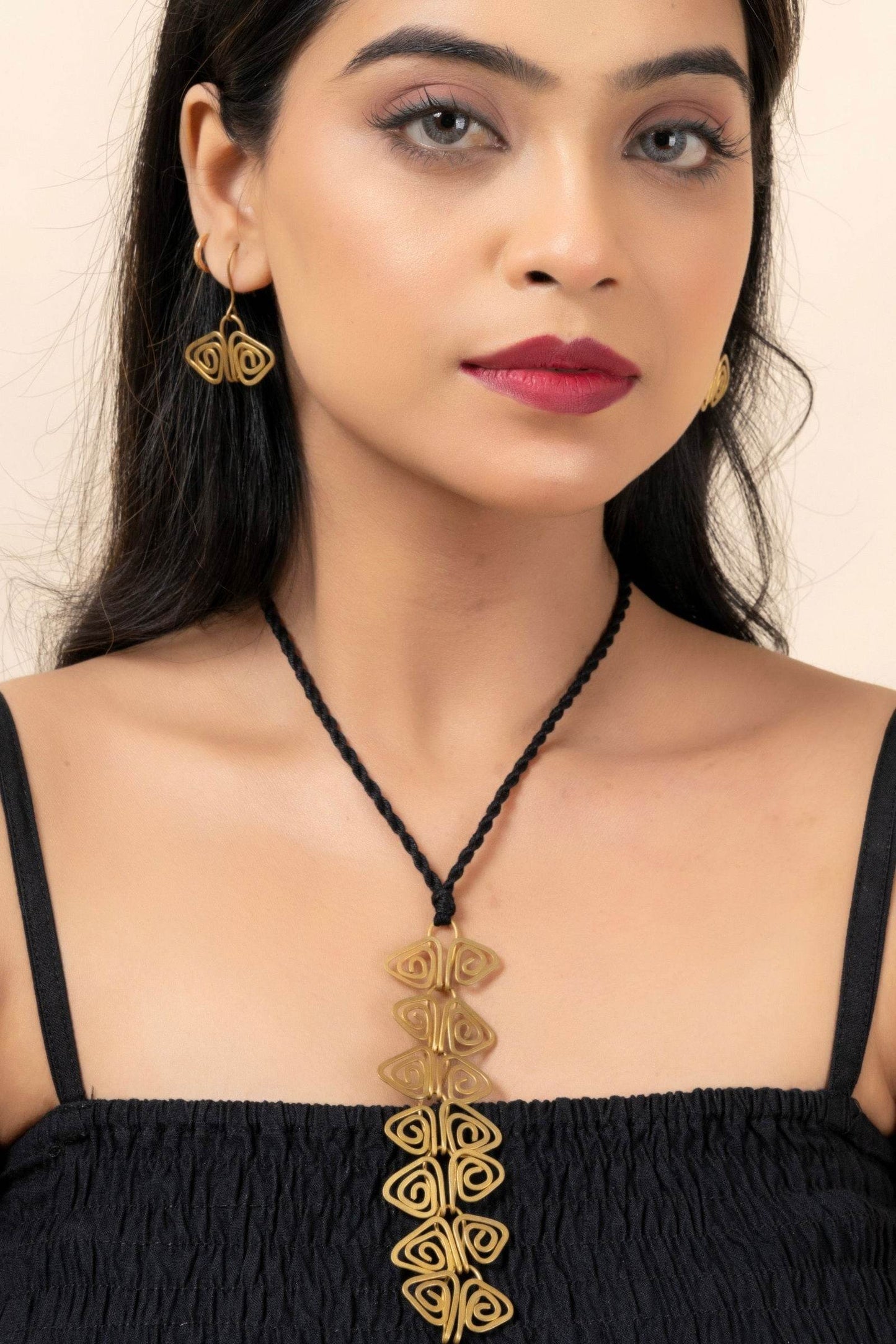 Handmade Dokra Brass Golden Triangular Spiral Necklace Set with Adjustable Black Dori & Earrings - Lookandadorn.com
