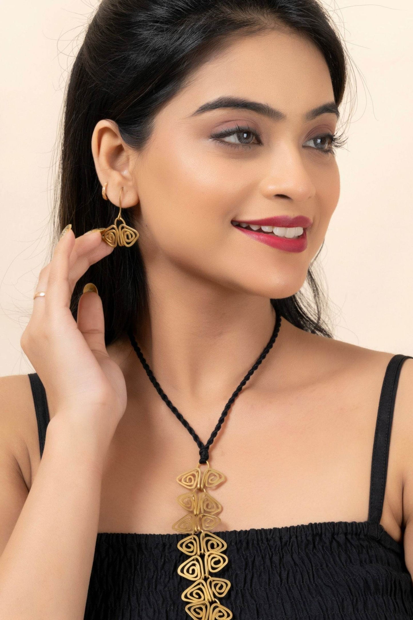 Handmade Dokra Brass Golden Triangular Spiral Necklace Set with Adjustable Black Dori & Earrings - Lookandadorn.com
