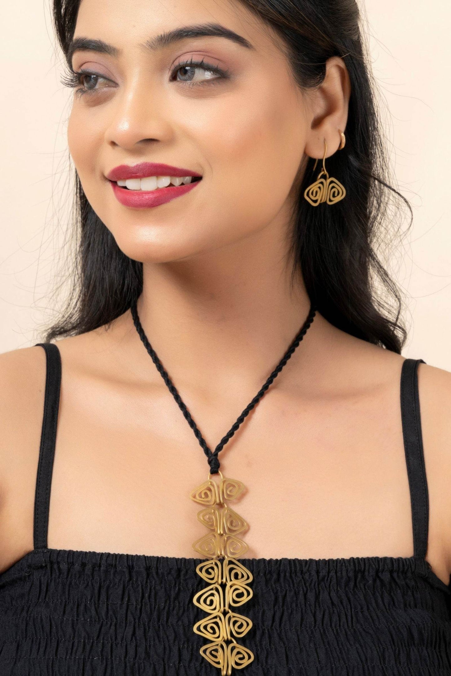 Handmade Dokra Brass Golden Triangular Spiral Necklace Set with Adjustable Black Dori & Earrings - Lookandadorn.com