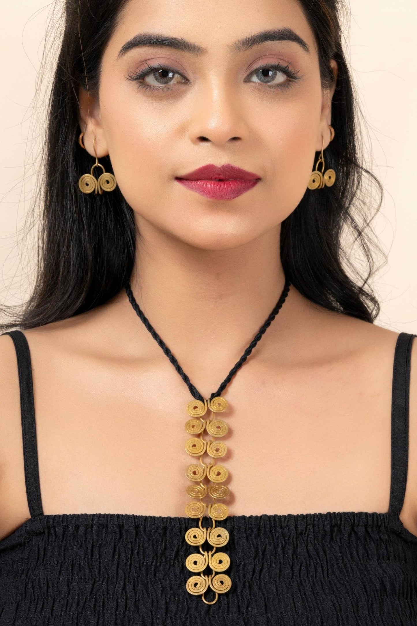 Handmade Dokra Brass Golden Triangular Spiral Necklace Set with Adjustable Black Dori & Earrings - Lookandadorn.com