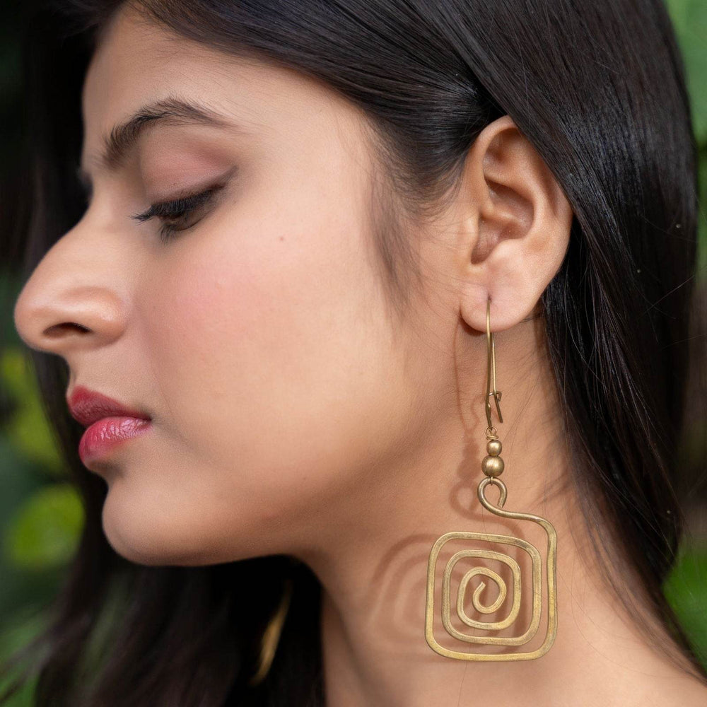 Handmade Dokra Brass Long Square Spiral Earrings with Intricate Design and Artisan Craftsmanship - Lookandadorn.com
