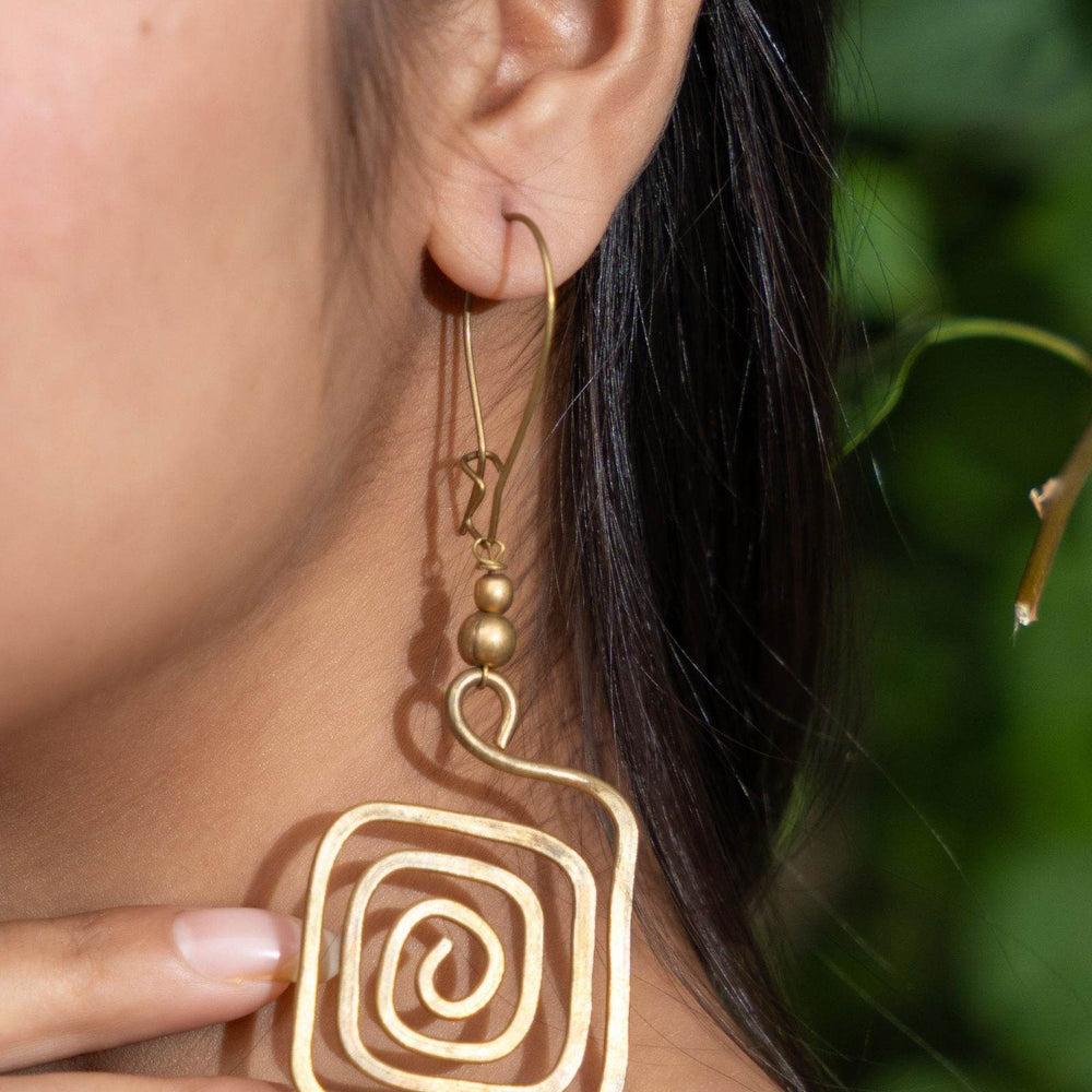Handmade Dokra Brass Long Square Spiral Earrings with Intricate Design and Artisan Craftsmanship - Lookandadorn.com