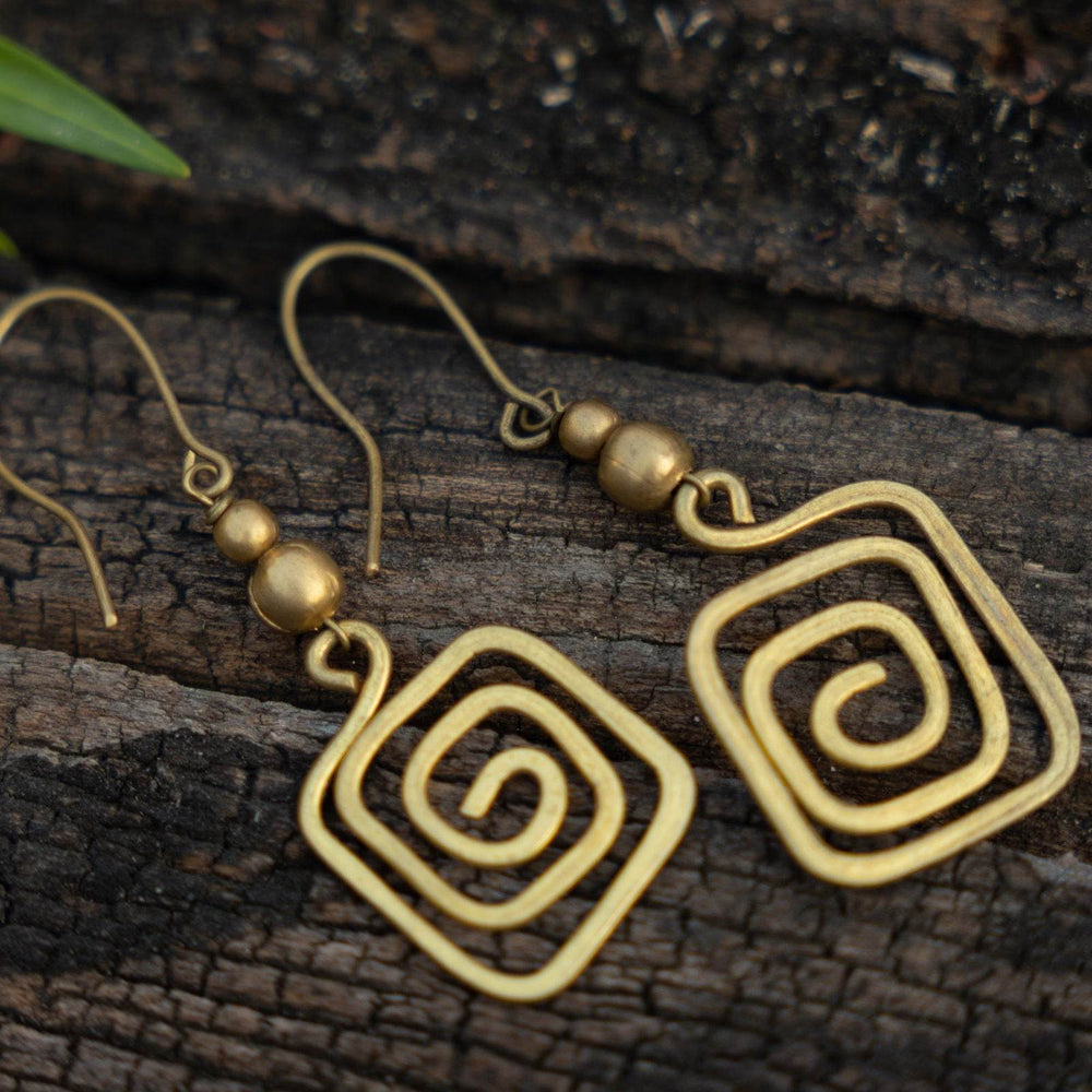 Handmade Dokra Brass Square Spiral Dangle Earrings with Intricate Design and Artistic Touch - Lookandadorn.com