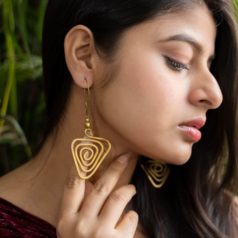 Unique Handmade Dokra Brass Triangular Spiral Earrings - Artistry with Intricate Design - Lookandadorn.com