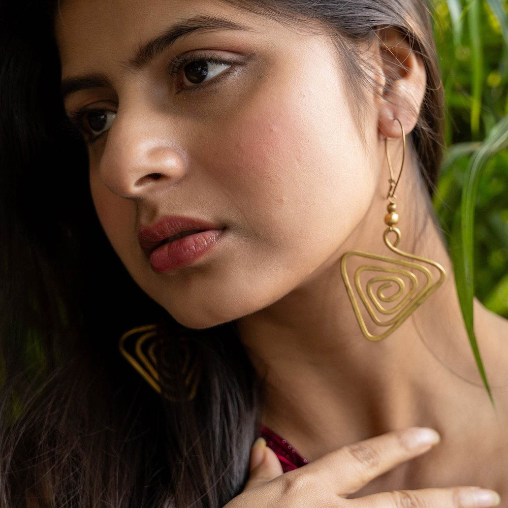 Unique Handmade Dokra Brass Triangular Spiral Earrings - Artistry with Intricate Design - Lookandadorn.com