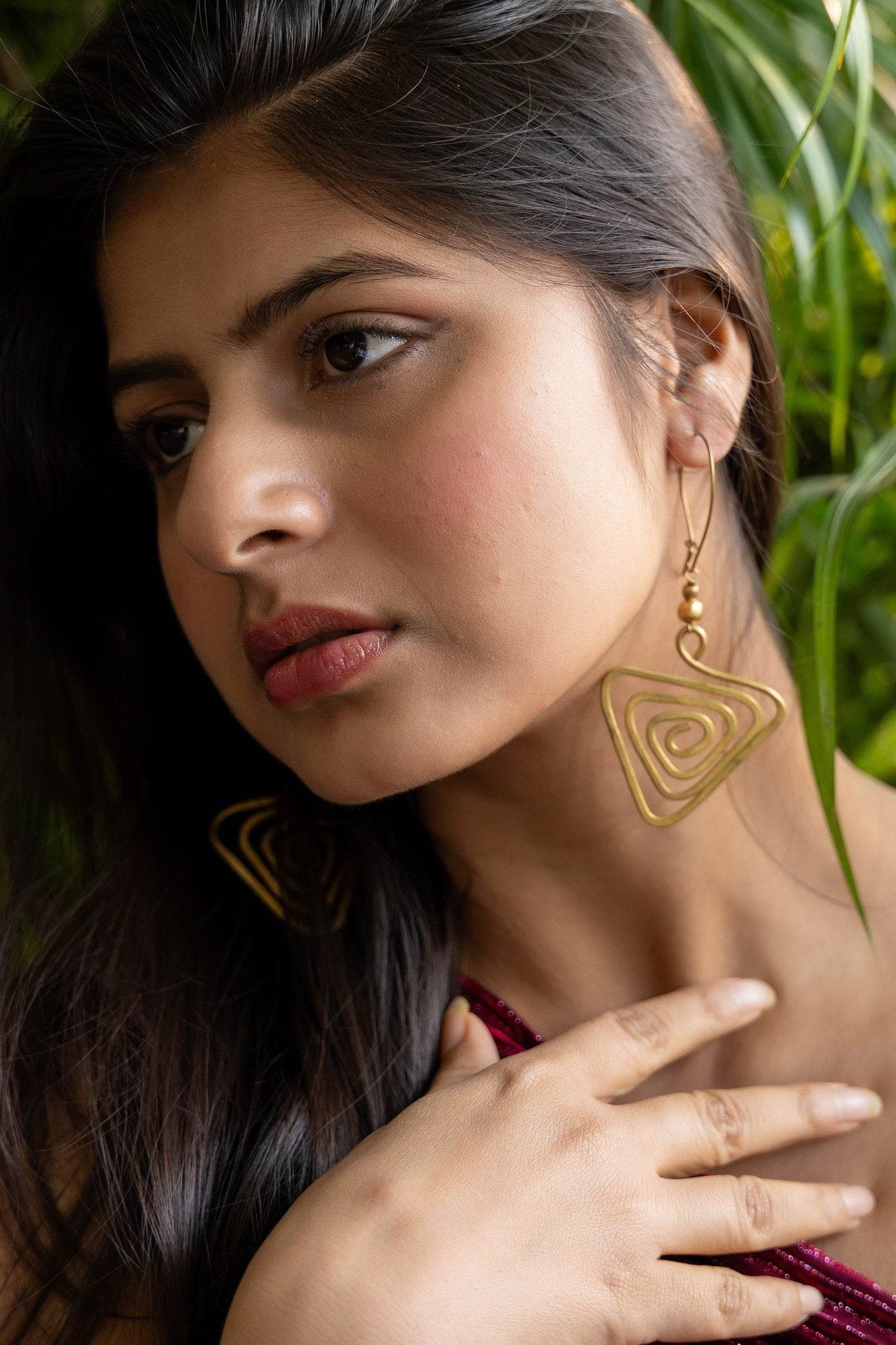 Unique Handmade Dokra Brass Triangular Spiral Earrings - Artistry with Intricate Design - Lookandadorn.com