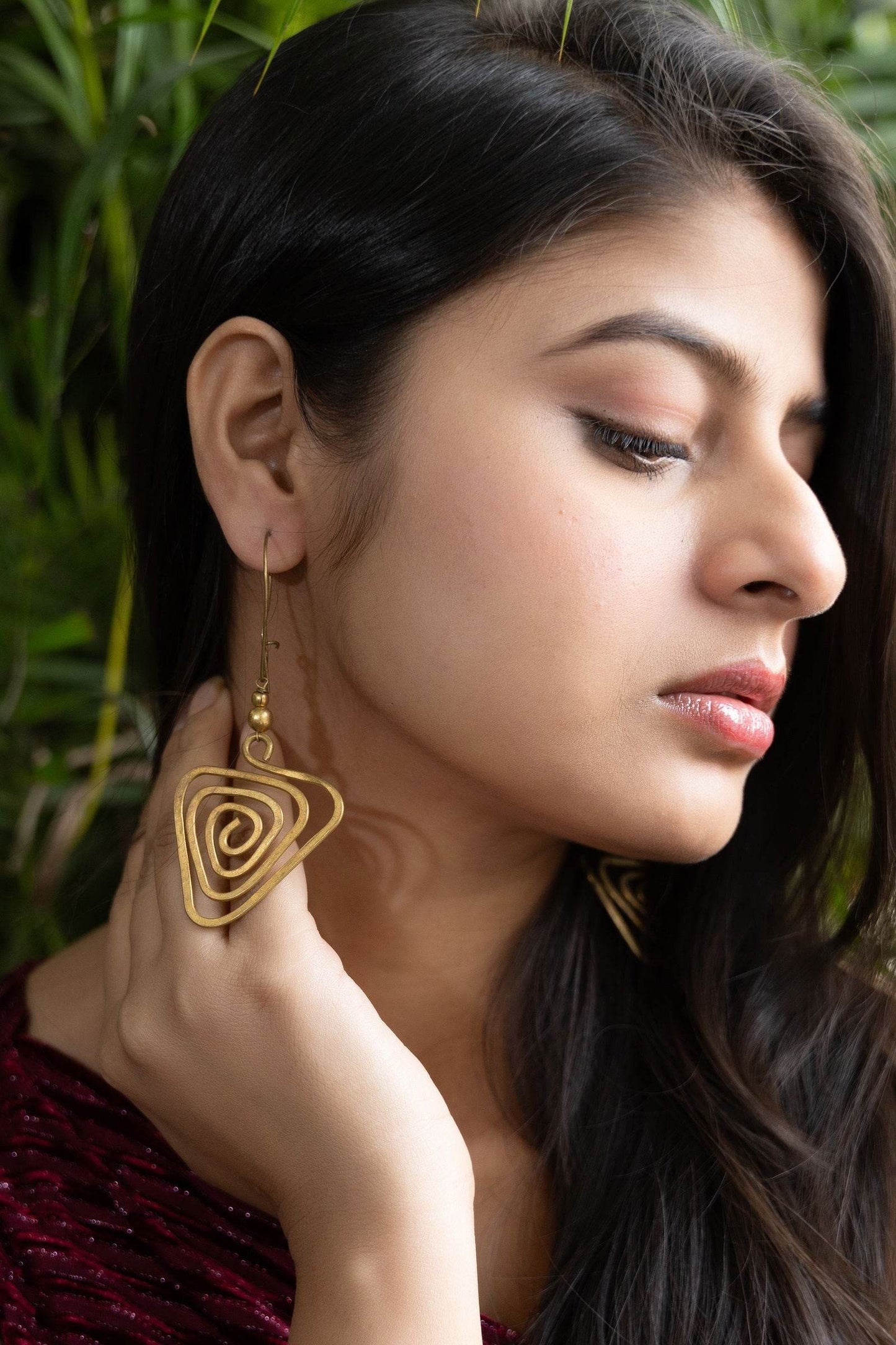 Unique Handmade Dokra Brass Triangular Spiral Earrings - Artistry with Intricate Design - Lookandadorn.com