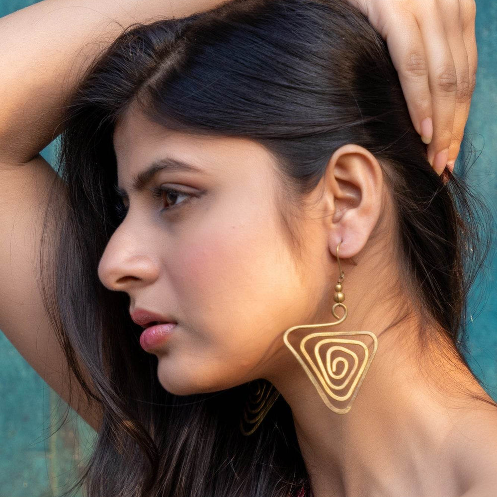 Artisanal Handcrafted Dokra Brass Triangular Spiral Earrings with Intricate Design and Craftsmanship - Lookandadorn.com
