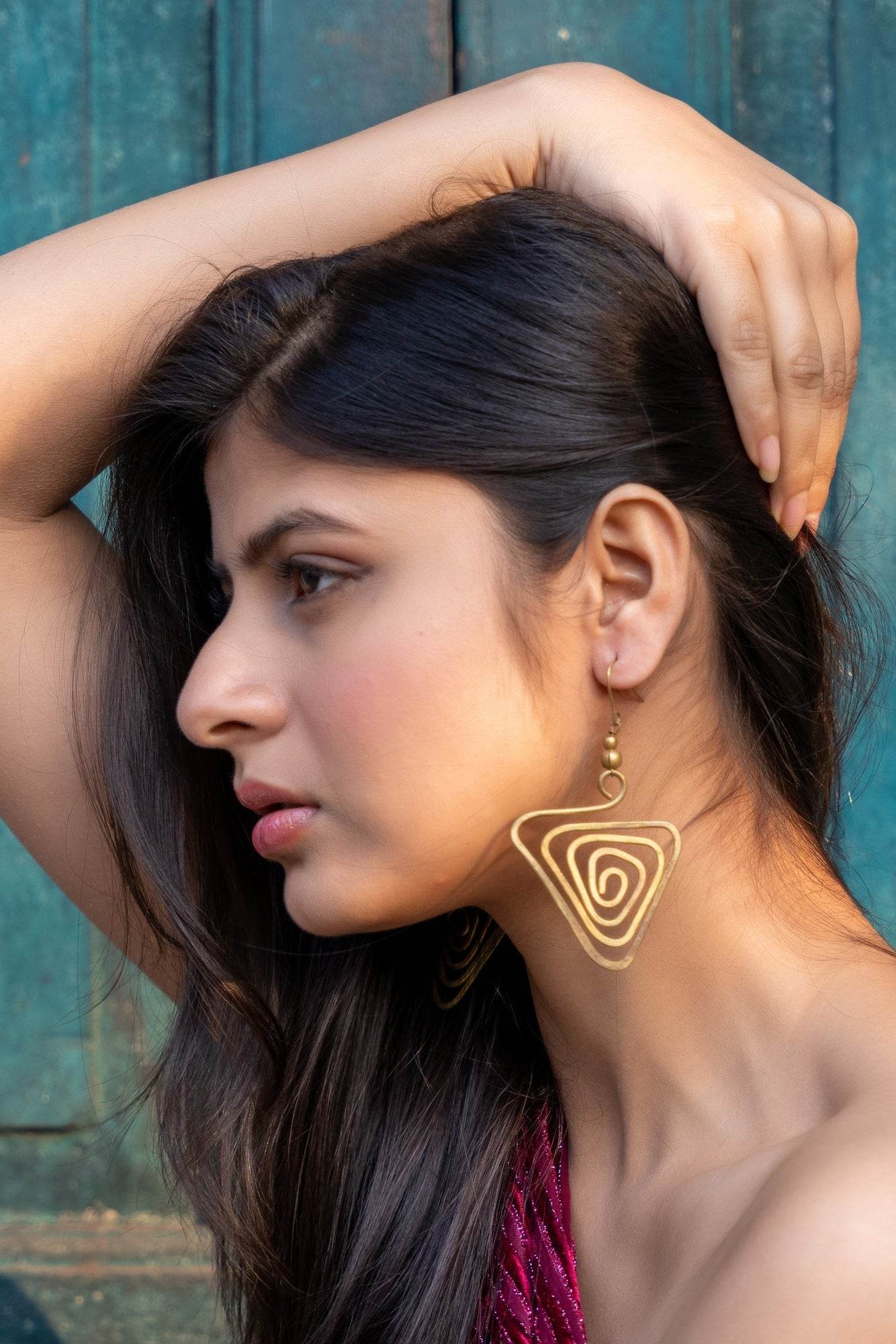 Artisanal Handcrafted Dokra Brass Triangular Spiral Earrings with Intricate Design and Craftsmanship - Lookandadorn.com
