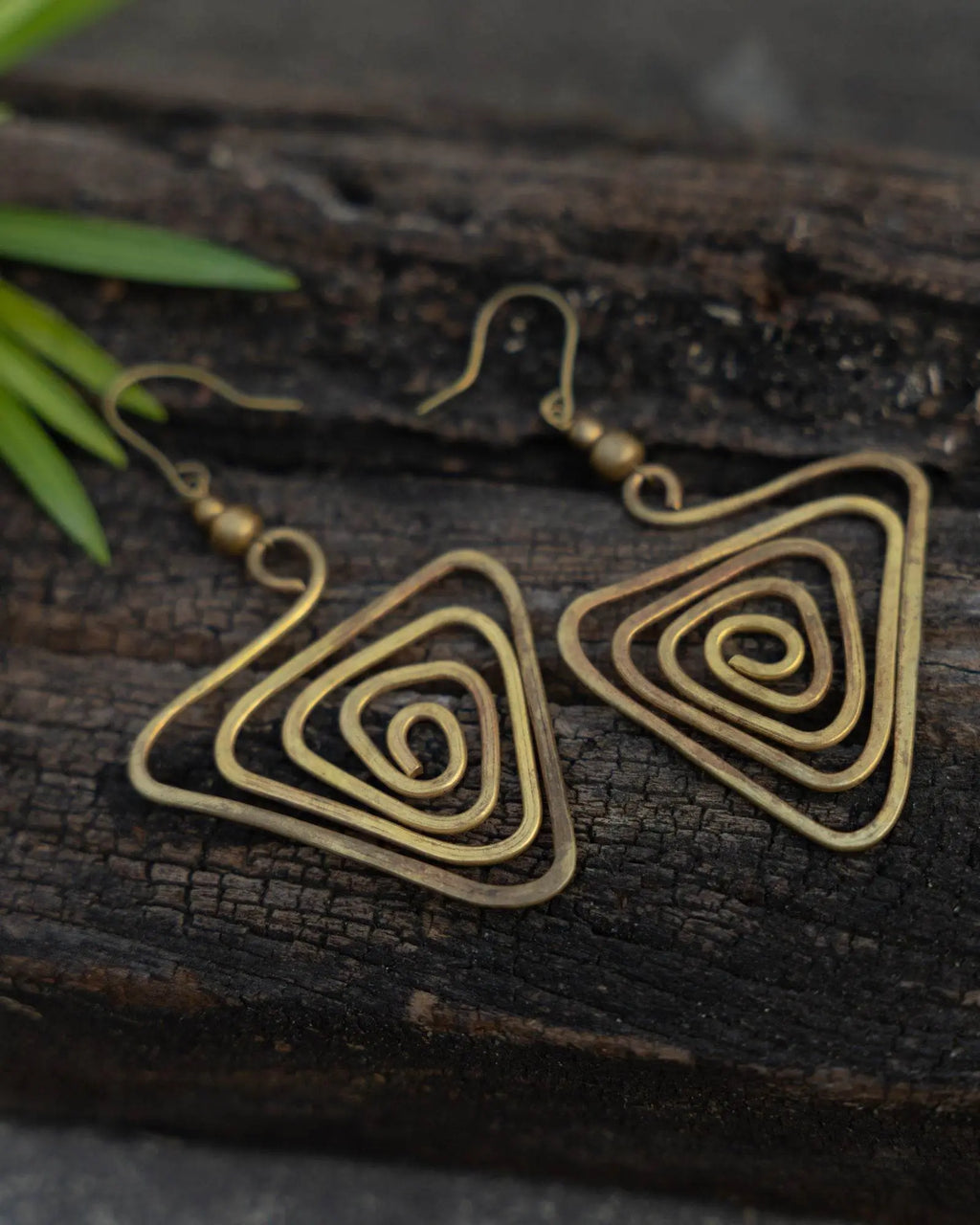 Artisanal Handcrafted Dokra Brass Triangular Spiral Earrings with Intricate Design and Craftsmanship - Lookandadorn.com