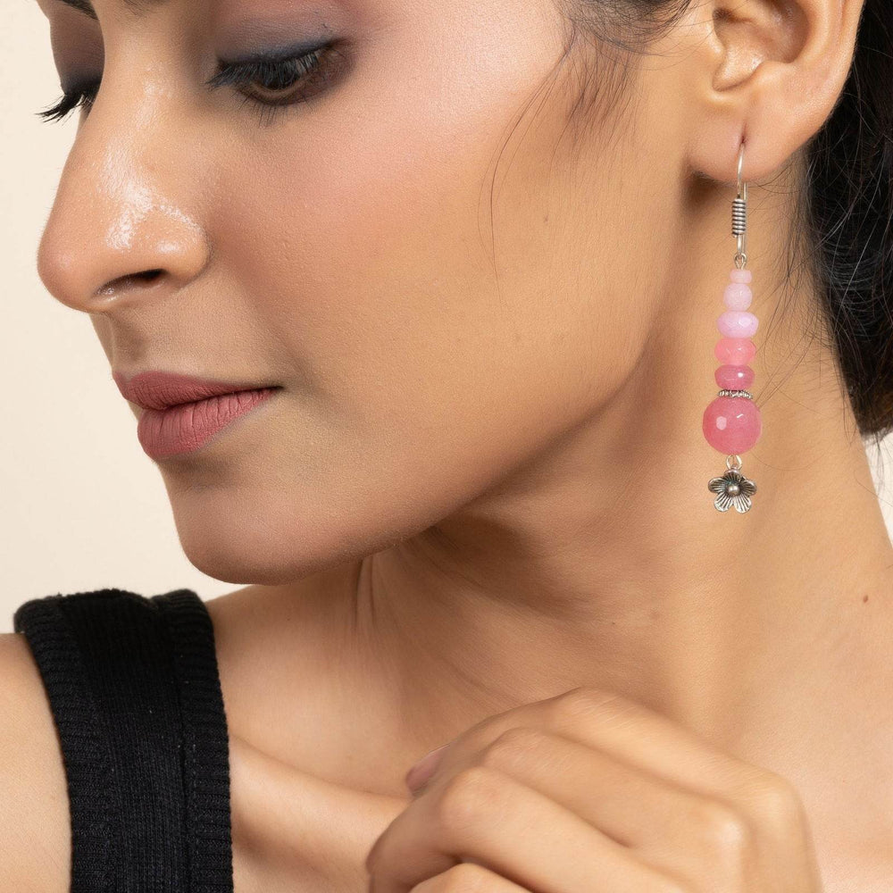 Handmade Pink Onyx Rose Quartz Stones and German Silver Floral Dangler Earrings - Lookandadorn.com
