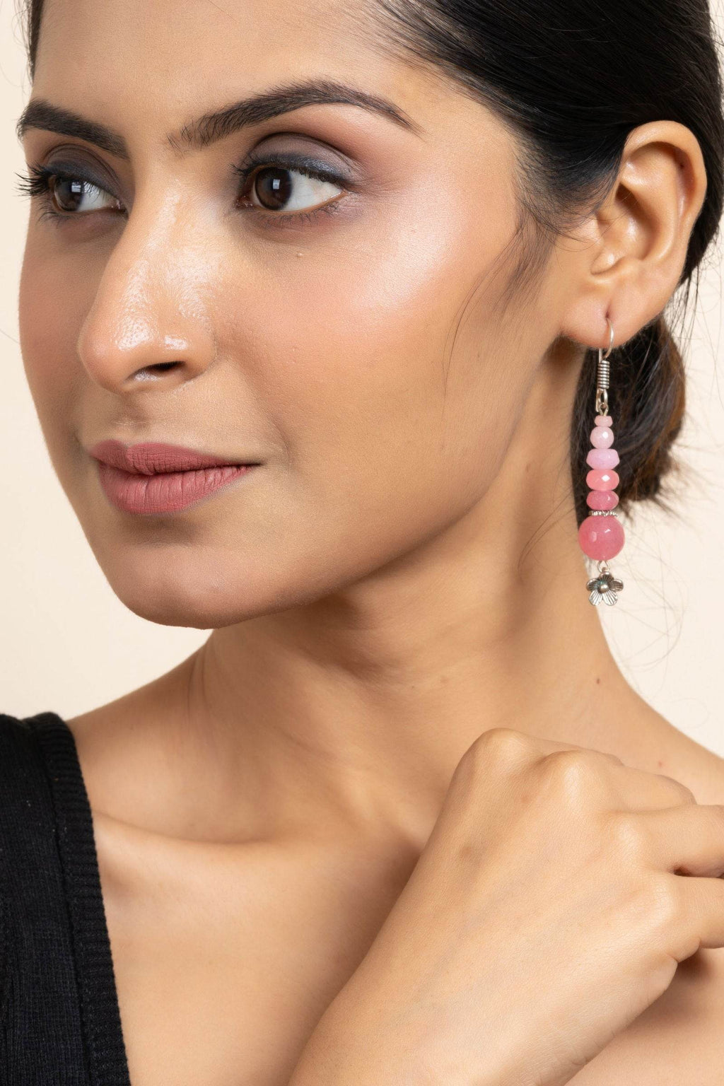 Handmade Pink Onyx Rose Quartz Stones and German Silver Floral Dangler Earrings - Lookandadorn.com