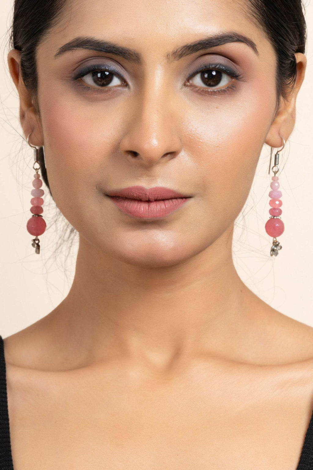 Handmade Pink Onyx Rose Quartz Stones and German Silver Floral Dangler Earrings - Lookandadorn.com