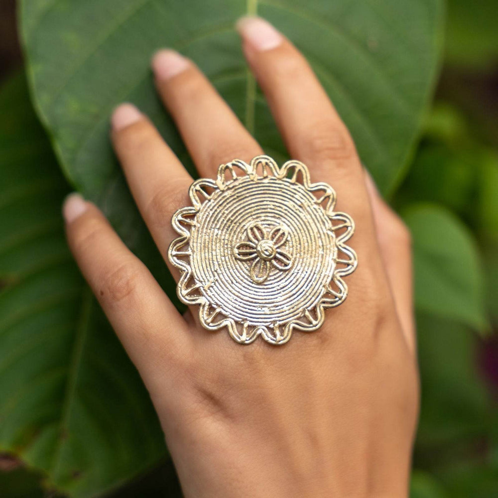 Handmade Floral Dokra Brass Adjustable Finger Ring - Unique Design, Durable Elegance for Any Outfit - Lookandadorn.com