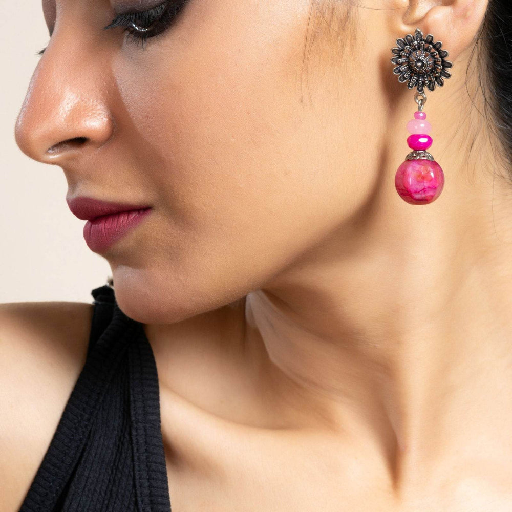Handmade Fuchsia Pink Floral Rose Quartz Stud Earrings - Unique Semi Precious Jewelry - Lookandadorn.com