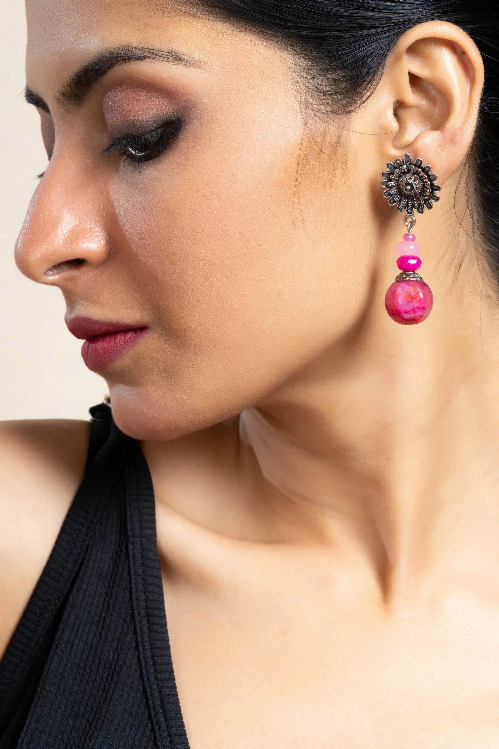 Handmade Fuchsia Pink Floral Rose Quartz Stud Earrings