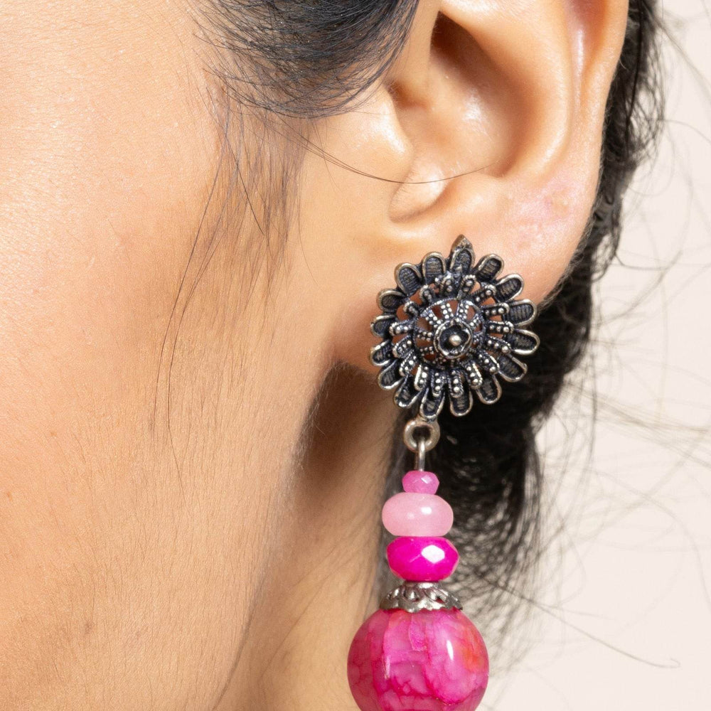 Handmade Fuchsia Pink Floral Rose Quartz Stud Earrings - Unique Semi Precious Jewelry - Lookandadorn.com