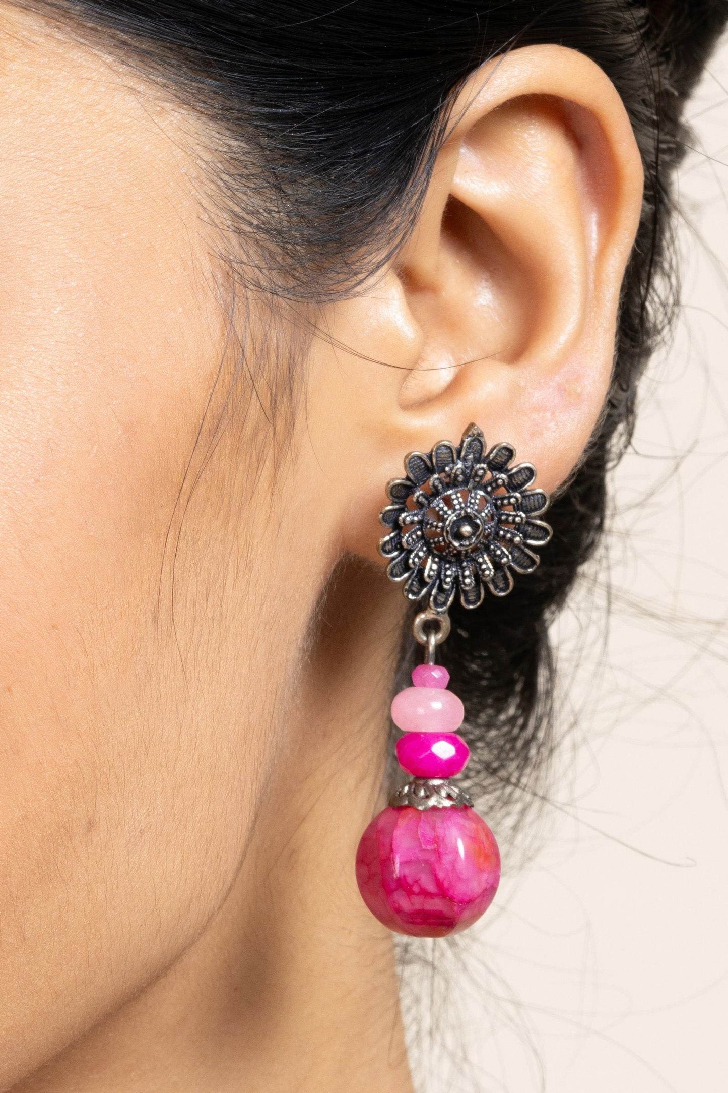 Handmade Fuchsia Pink Floral Rose Quartz Stud Earrings - Unique Semi Precious Jewelry - Lookandadorn.com