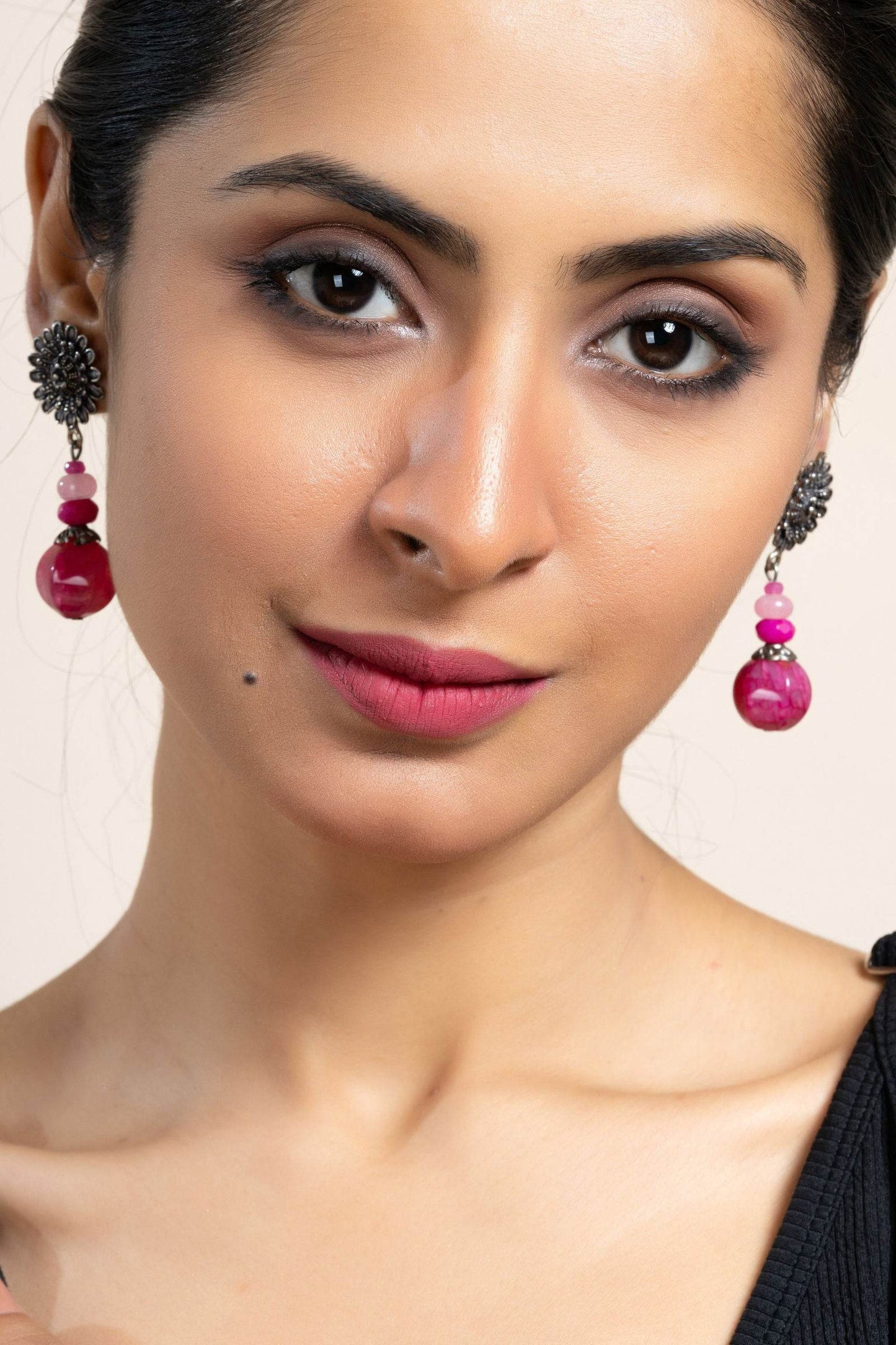 Handmade Fuchsia Pink Floral Rose Quartz Stud Earrings - Unique Semi Precious Jewelry - Lookandadorn.com