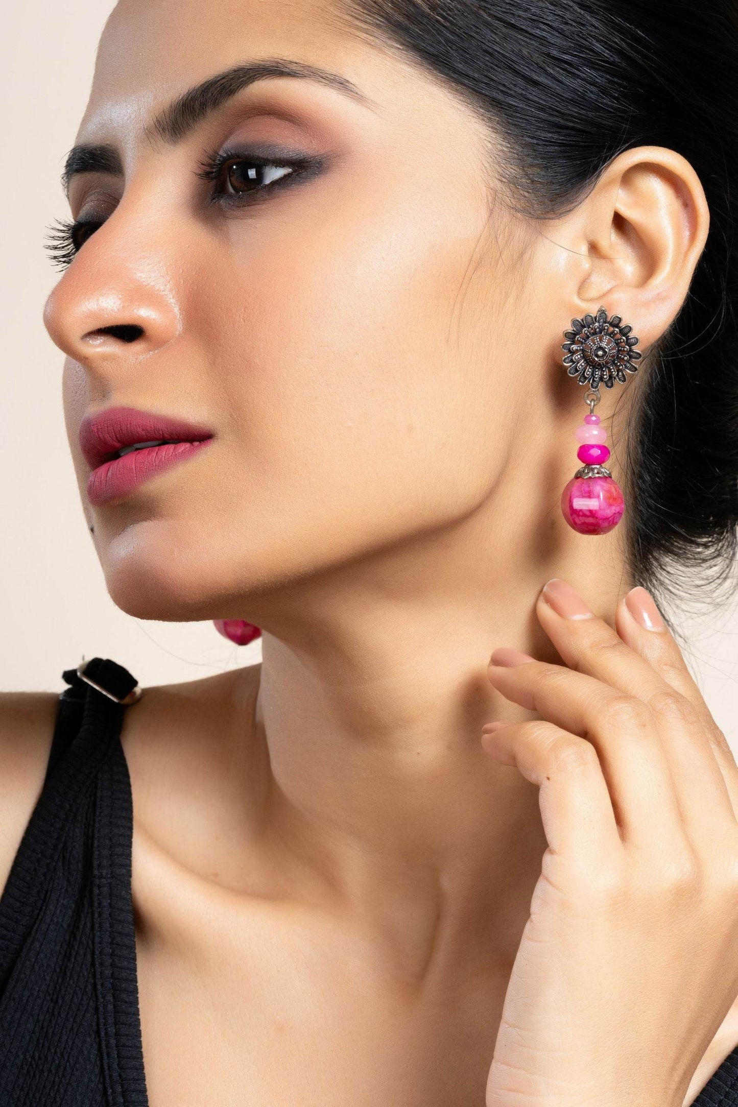 Handmade Fuchsia Pink Floral Rose Quartz Stud Earrings - Unique Semi Precious Jewelry - Lookandadorn.com