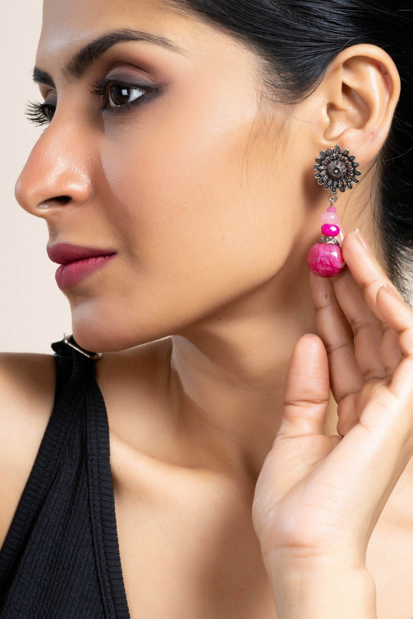 Handmade Fuchsia Pink Floral Rose Quartz Stud Earrings - Unique Semi Precious Jewelry - Lookandadorn.com